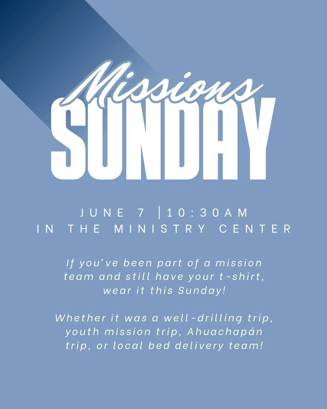 THIS Sunday is Missions Sunday! We'll be commissioning our June Ahuachapan Mission Team, so wear your missions t-shirts to show your support!