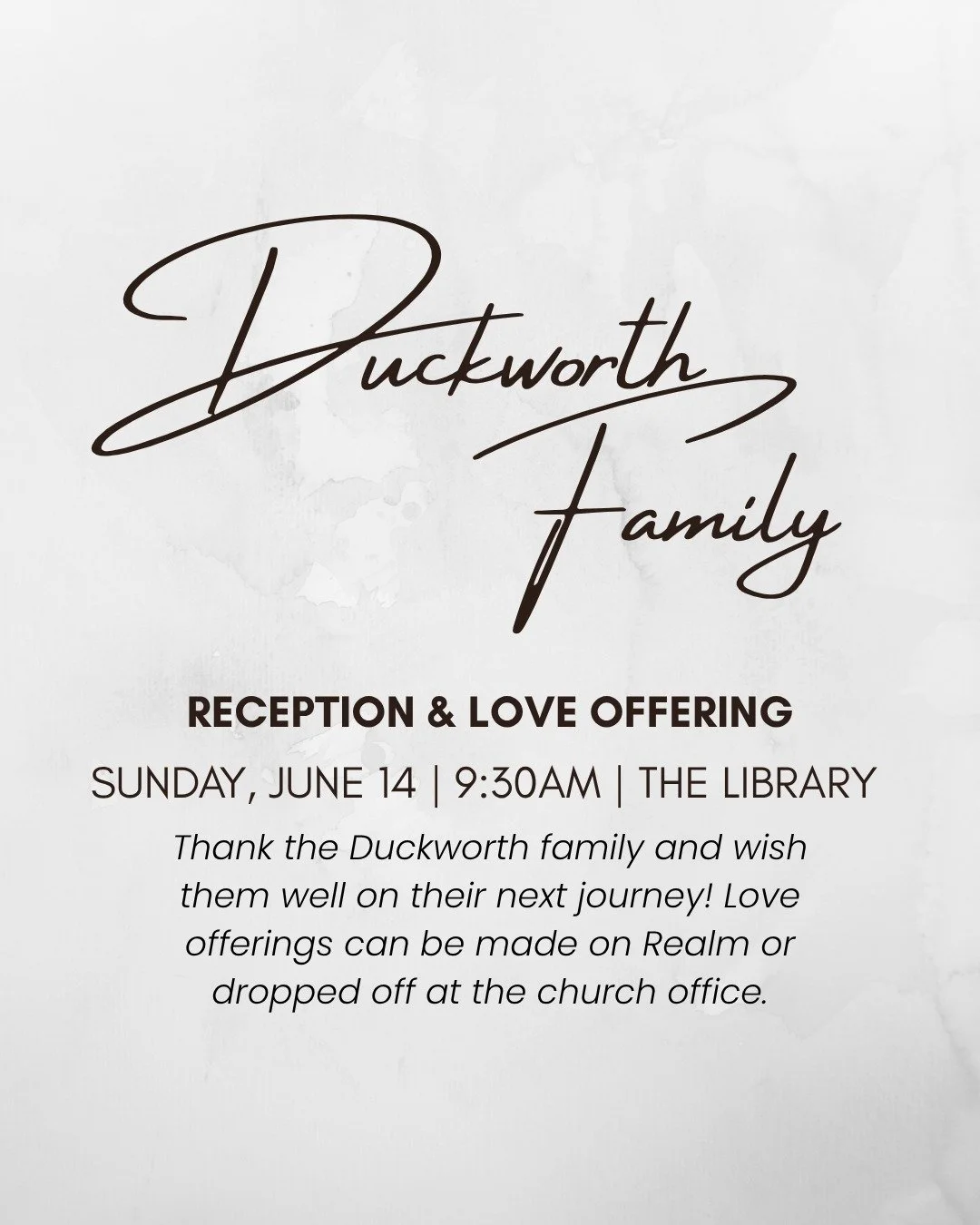 We LOVE the Duckworth Family and are so sad to see them go! Josh, your leadership as our Senior Pastor these last five years has been nothing short of wonderful, and we are excited for what's ahead for you and your family. Don't forget to stop by the