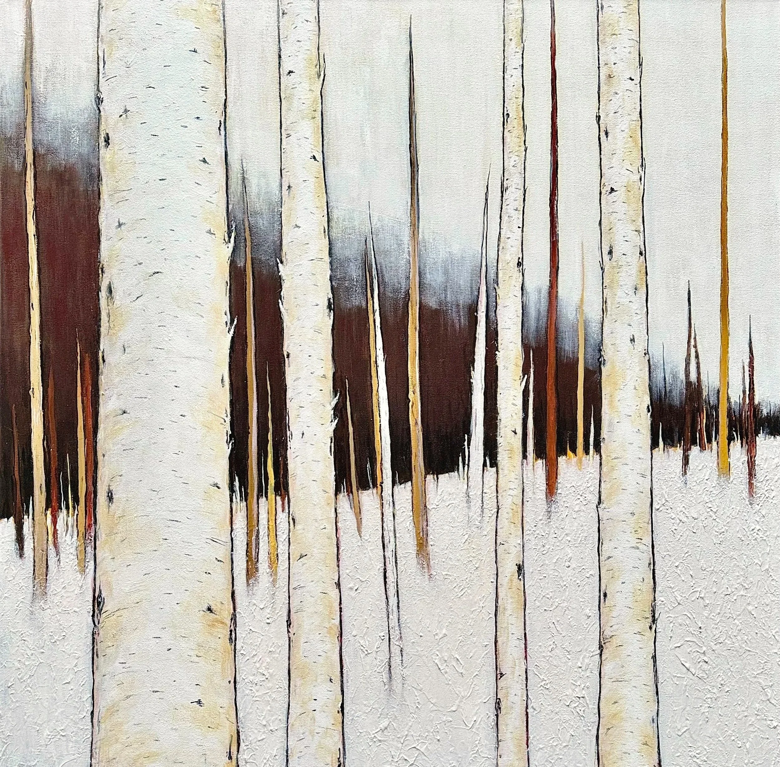 'winter birch stillness 9' / 36" x 36" x 1.5" / Acrylic and pencil on Canvas / FRAMED with Black Frame / Ojibway Club Show 2026