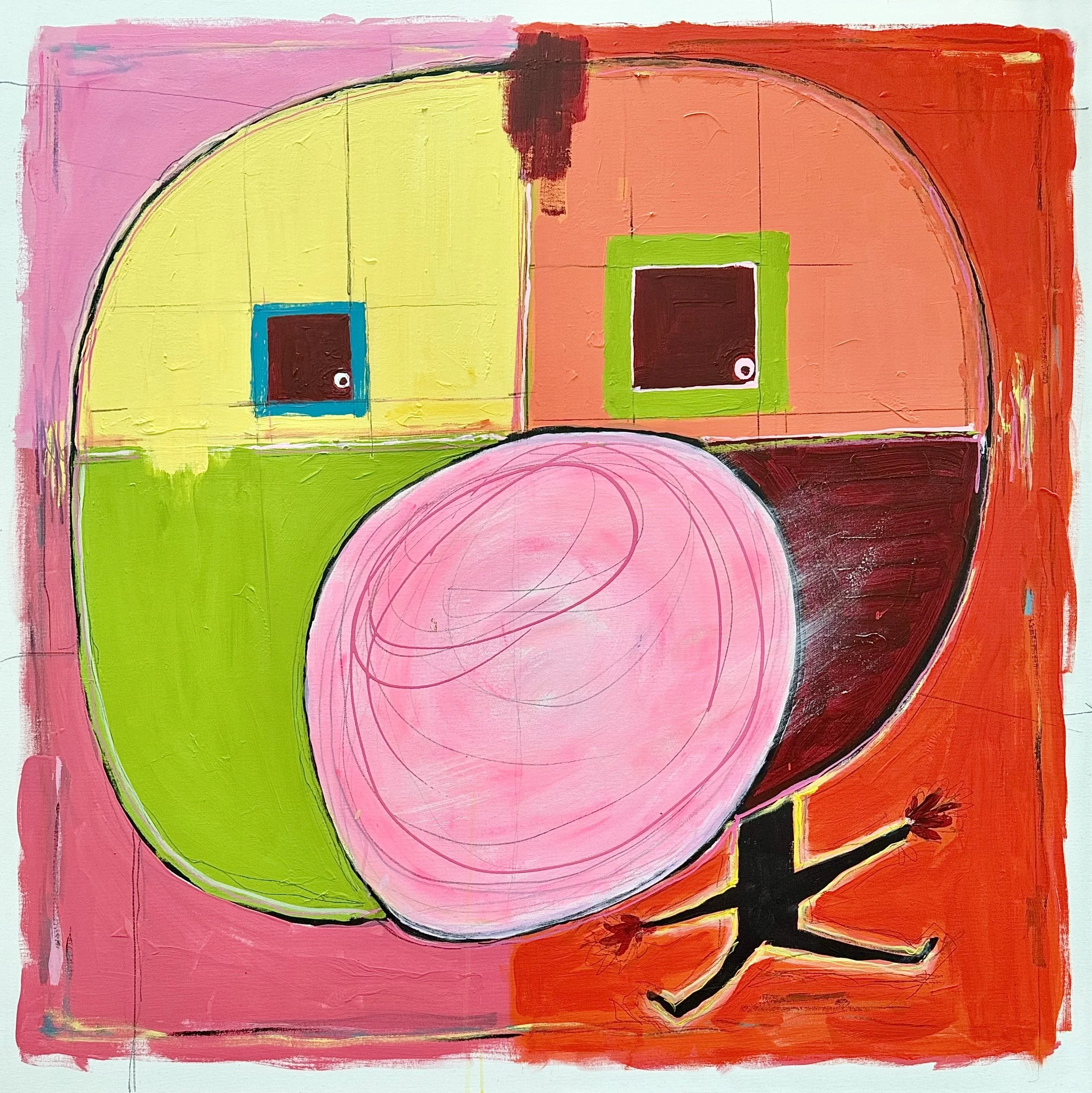  'bubble gum man’ / 40” x 40” x 1.5” / Acrylic and Pencil on Canvas / FRAMED with White Frame / Perspective Abstract Show Crown & Press Gallery: Hamilton, ON