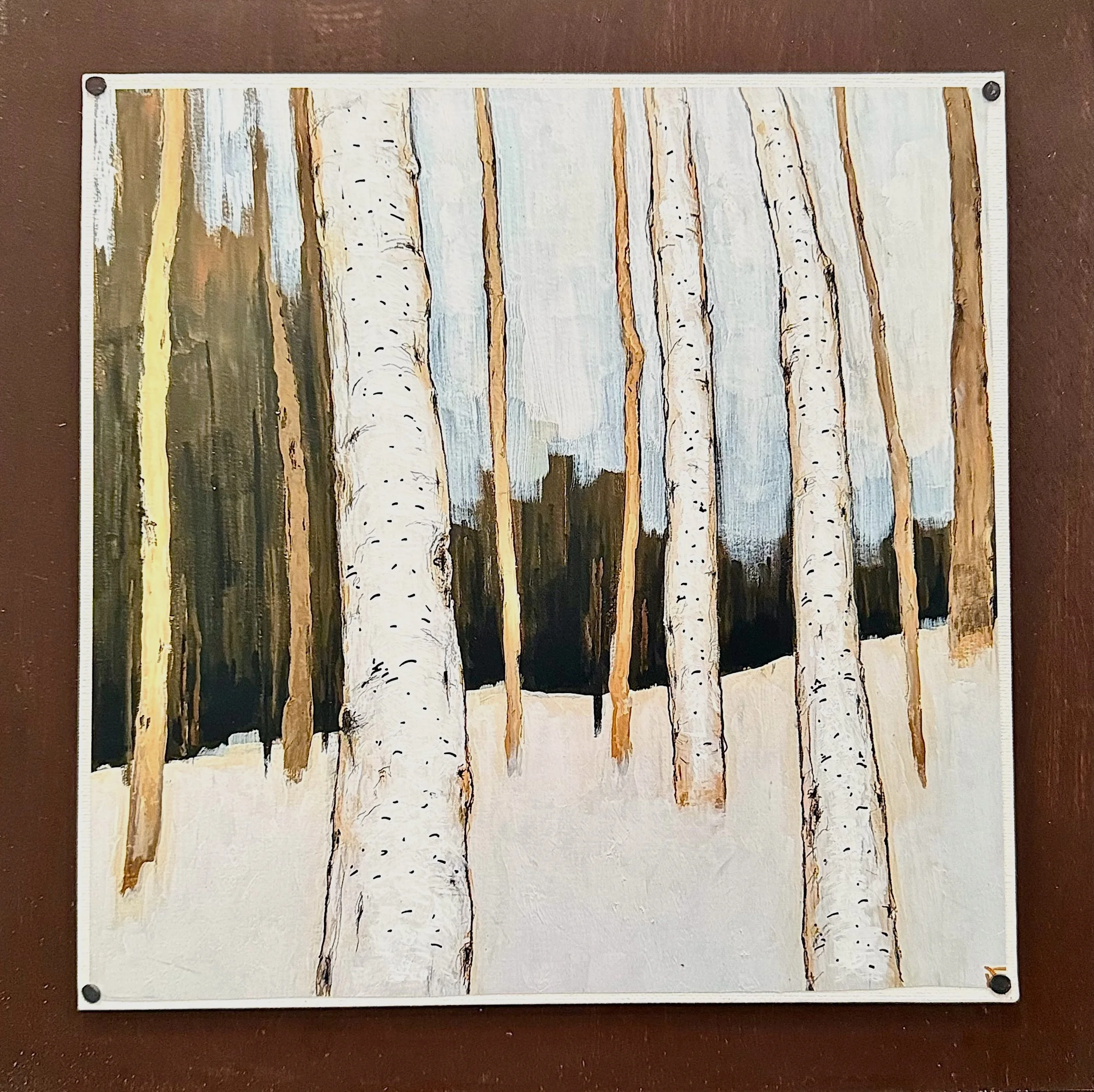 'winter birch stillness 2' / 12" x 12" / Embellished Print on Birch Panel