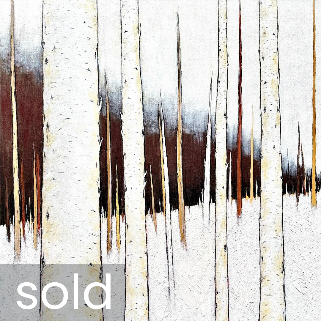 SOLD - 'winter birch stillness 9' / 36" x 36" x 1.5" / Acrylic and pencil on Canvas / FRAMED with Black Frame / Ojibway Club Show 2026