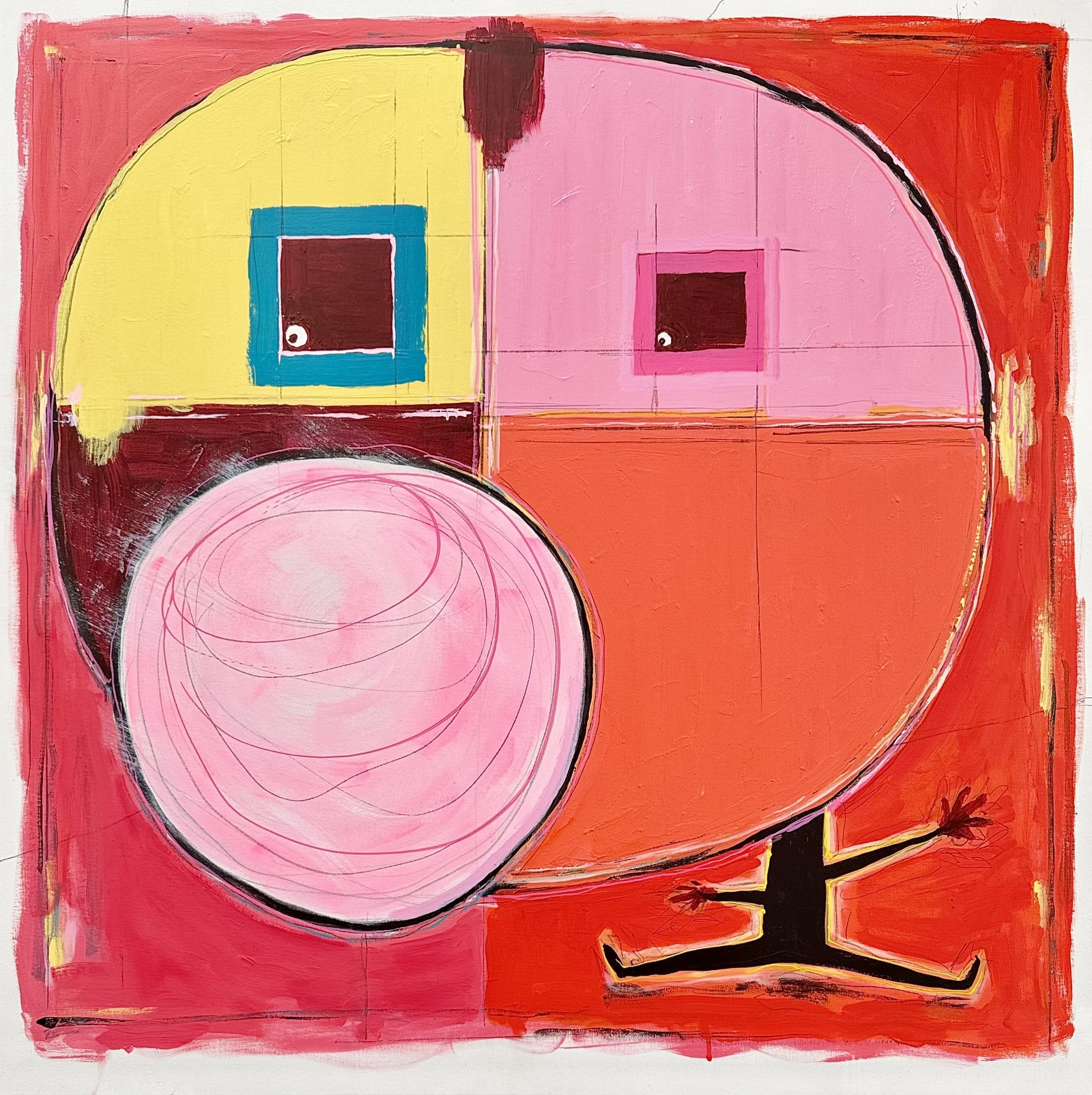  'bubble yum’ / 40” x 40” x 1.5” / Acrylic and Pencil on Canvas / FRAMED with White Frame / Perspective Abstract Show Crown & Press Gallery: Hamilton, ON