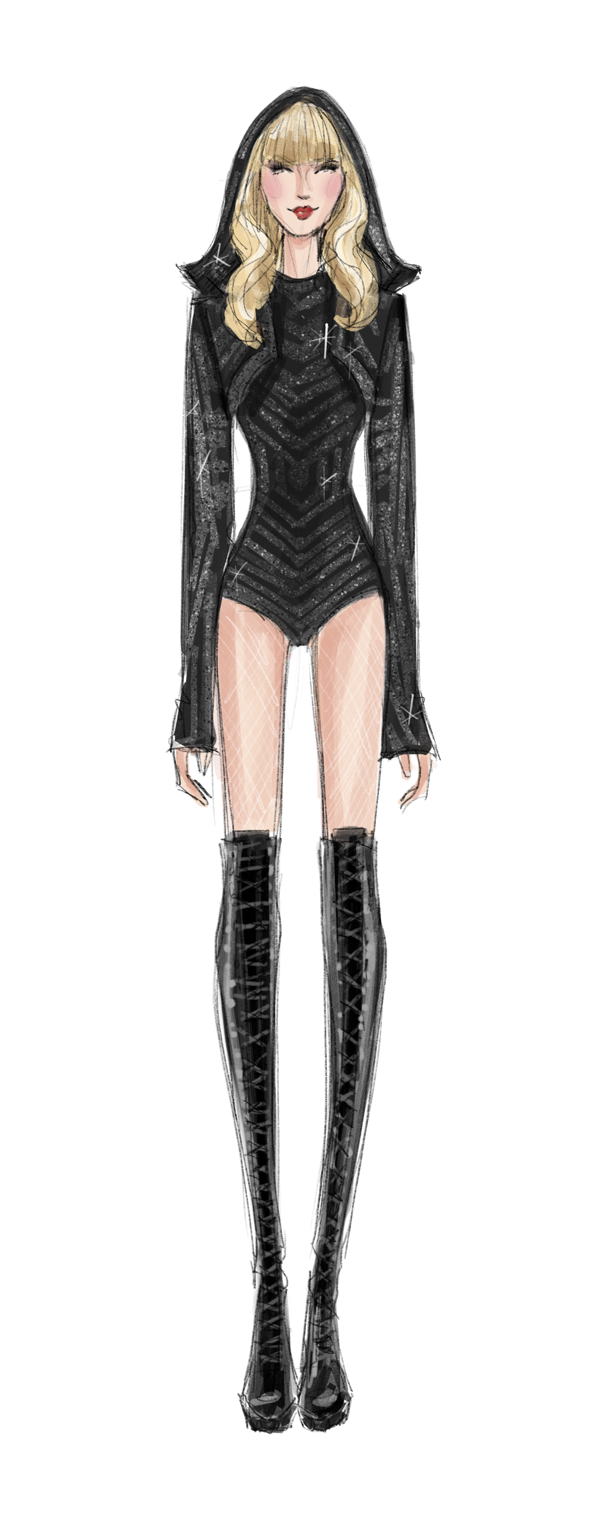 Fashion silhouette style sketch of Taylor Swift wearing black Reputation set