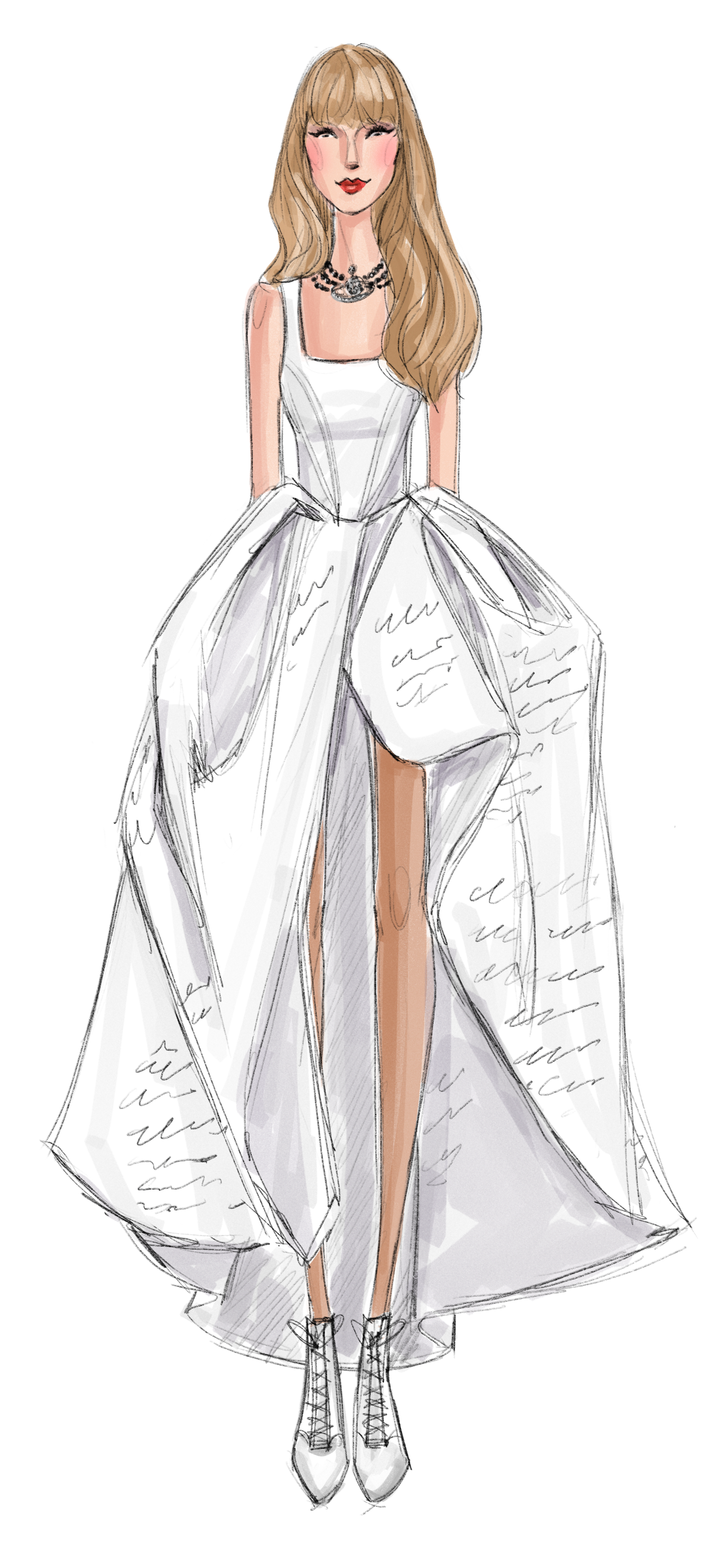 Fashion silhouette style sketch of Taylor Swift wearing TTPD dress