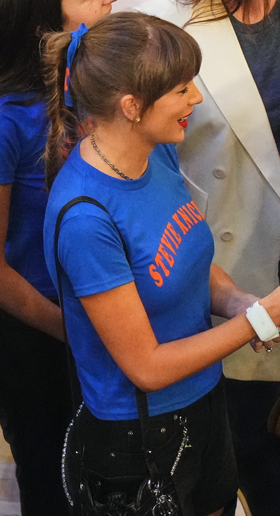 Taylor Swift attends Game 4 of the NBA Finals supporting the Knicks at Madison Square Garden in New York City with friends Haim.