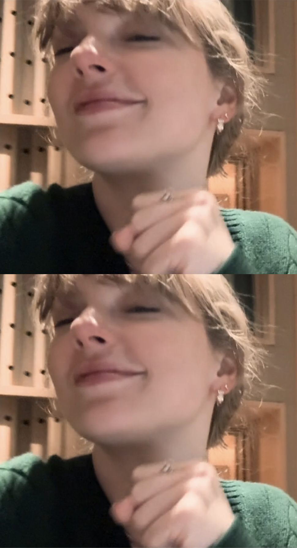 Taylor Swift recording The Life of a Showgirl in a green cable knit sweater by Ralph Lauren.