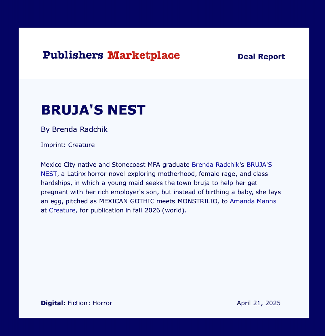 Debut Novel BRUJA’S NEST coming out in 2026!