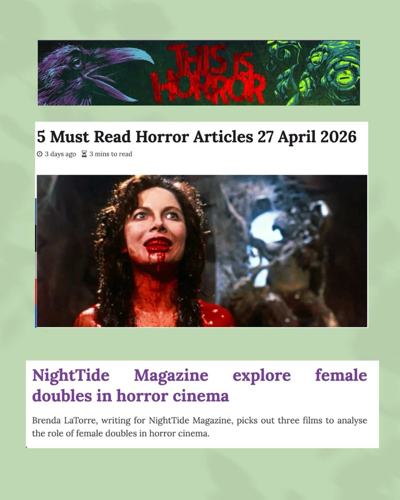 Thank you @thisishorrorpodcast for listing my piece on Female Doubles and Mexican Cinema the 5 must read horror articles of April!!!!

I also want to thank @nighttidemag for the opportunity of being featured on their beautiful horror magazine! 

.
.

