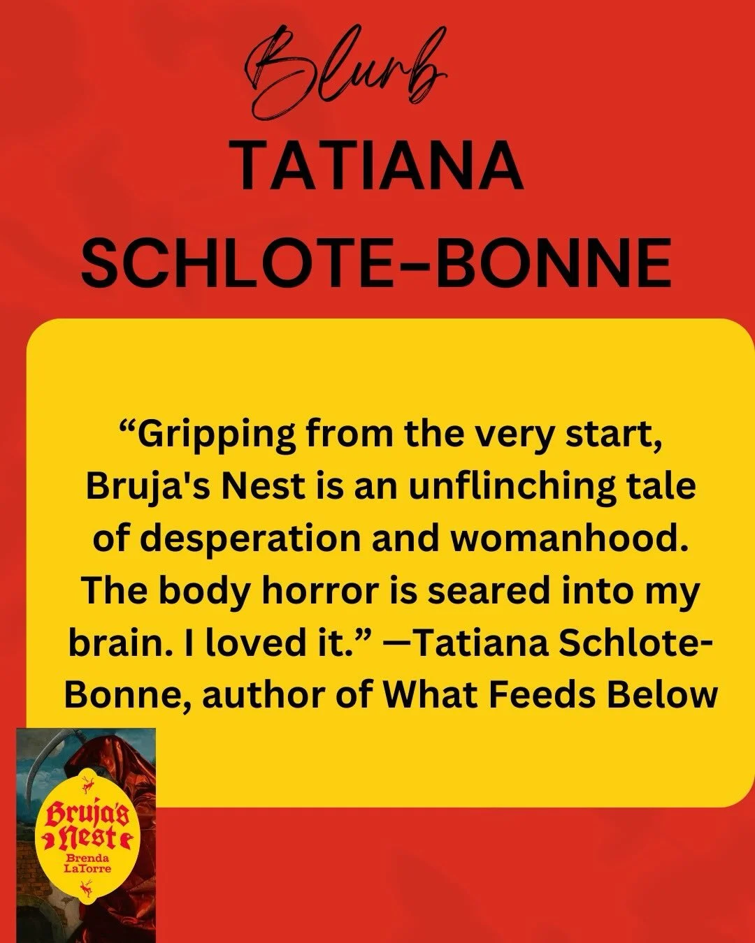 Thank you to fellow Creature author and friend @thebuffwriter for your support and taking the time to read Bruja&rsquo;s Nest and your beautiful blurb!!! 

Don&rsquo;t forget to preorder Tatiana&rsquo;s newest terrifying Sporror novel, &ldquo;What Fe