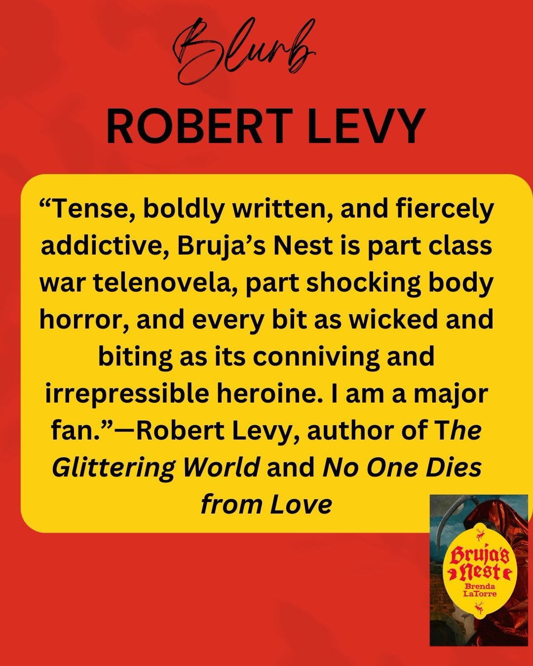Today I want to share this blurb for Bruja&rsquo;s Nest from one of the most brilliant people I&rsquo;ve ever met!!!! @therobertlevy 

Robert mentored me throughout my MFA program, sometimes directly, other times through his excellent workshops. 

Hi