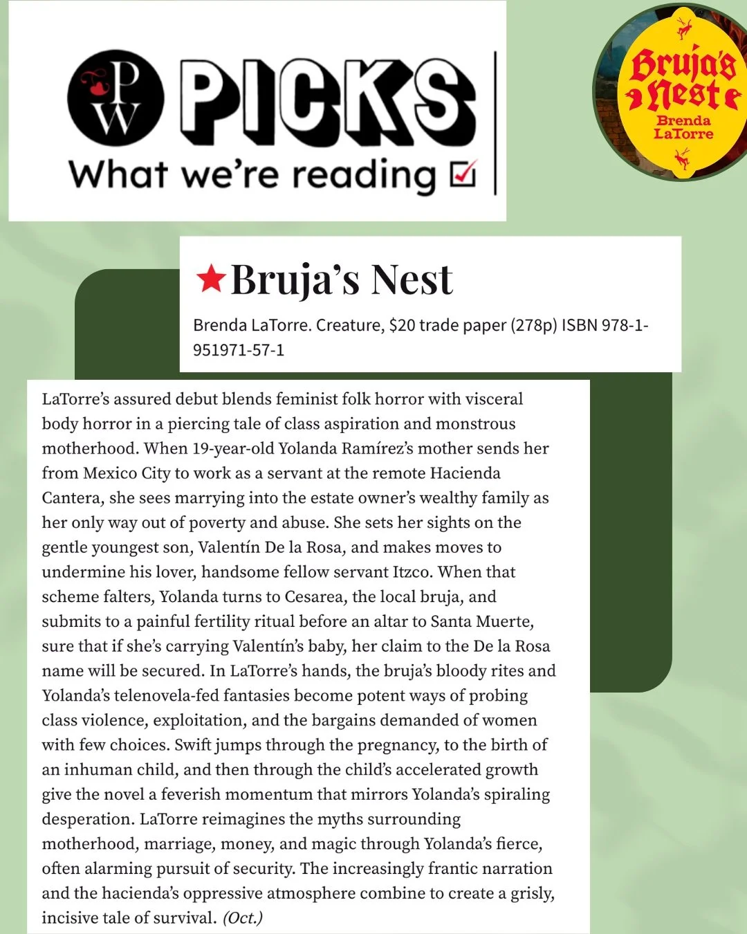 Thank you @publisherswkly for featuring Bruja's Nest!!!!