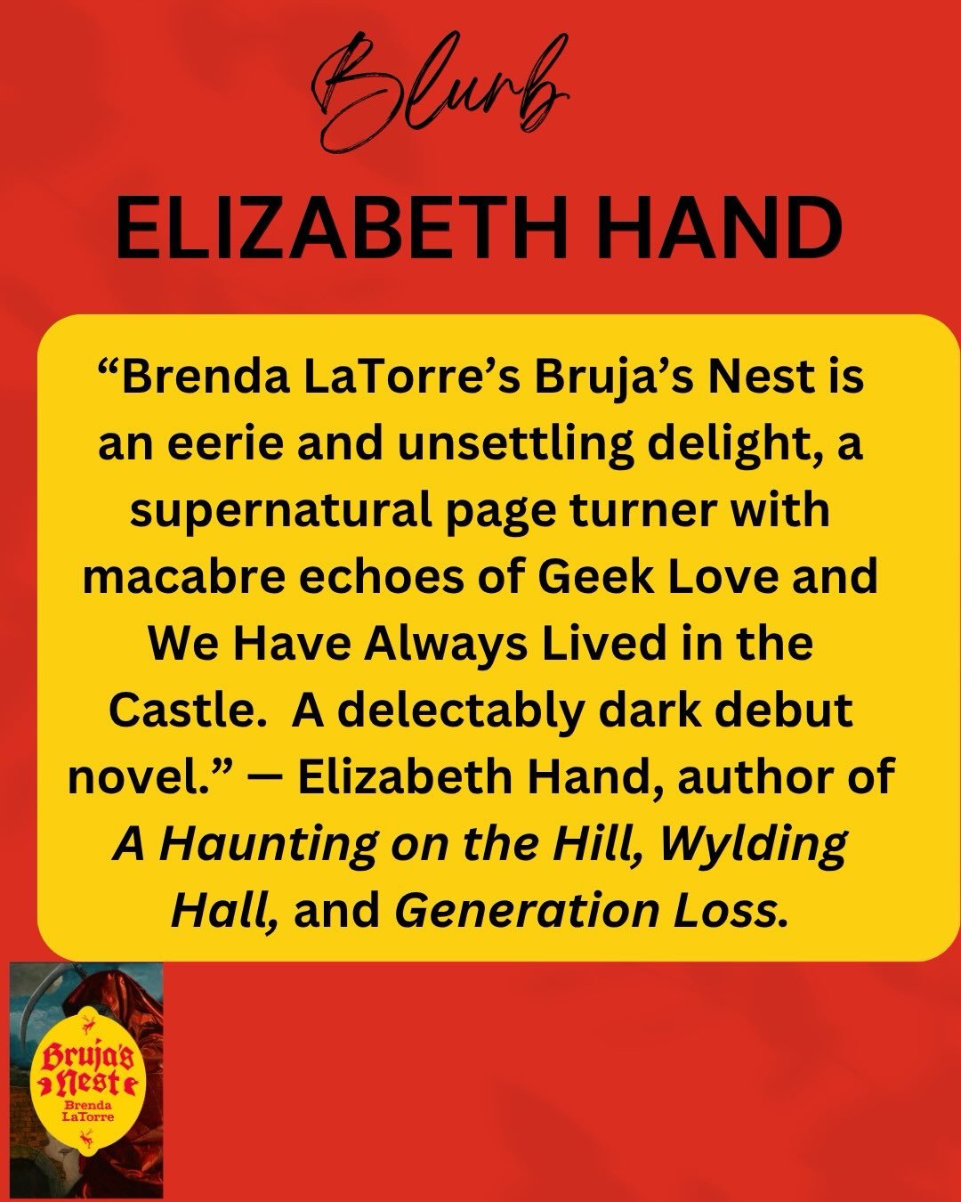 Thank you so so much, Elizabeth Hand @elizabethfhand for blurbing my book!!! 

I was so incredibly lucky to have had a chance to take Liz Hand&rsquo;s seminars and workshops at Stonecoast in Maine. Her introduction to &ldquo;Dirty Weekend&rdquo; insp