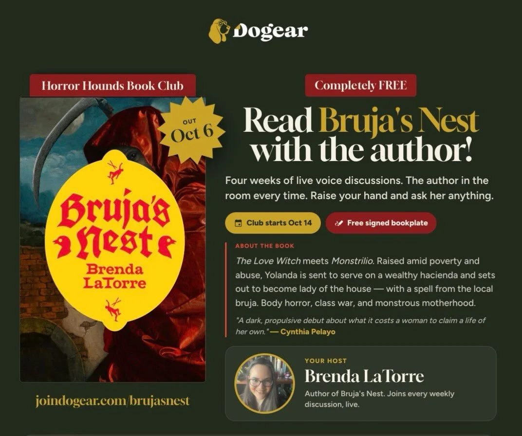 Hope you can join us!!!! Dogear is hosting a free bookclub for Bruja&rsquo;s Nest starting in Oct 14th! We&rsquo;ll meet every Wednesday at 6PT for a month! 

https://www.joindogear.com/brujasnest
