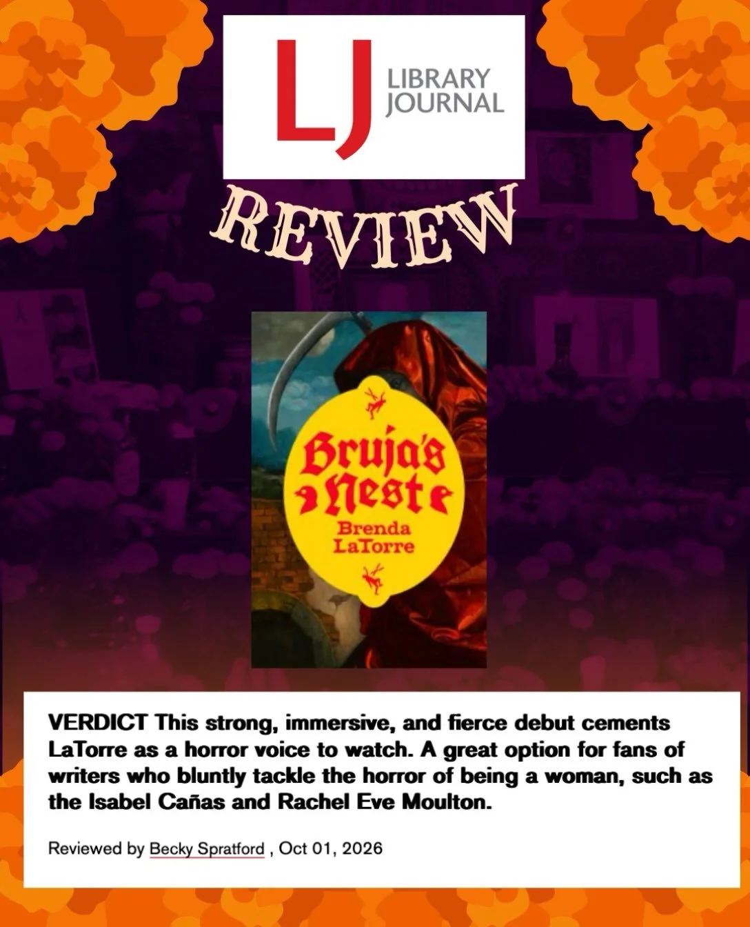 Thank you Library Journal, and Becky Spratford for the lovely review of Bruja&rsquo;s Nest!!!!!! 🪺