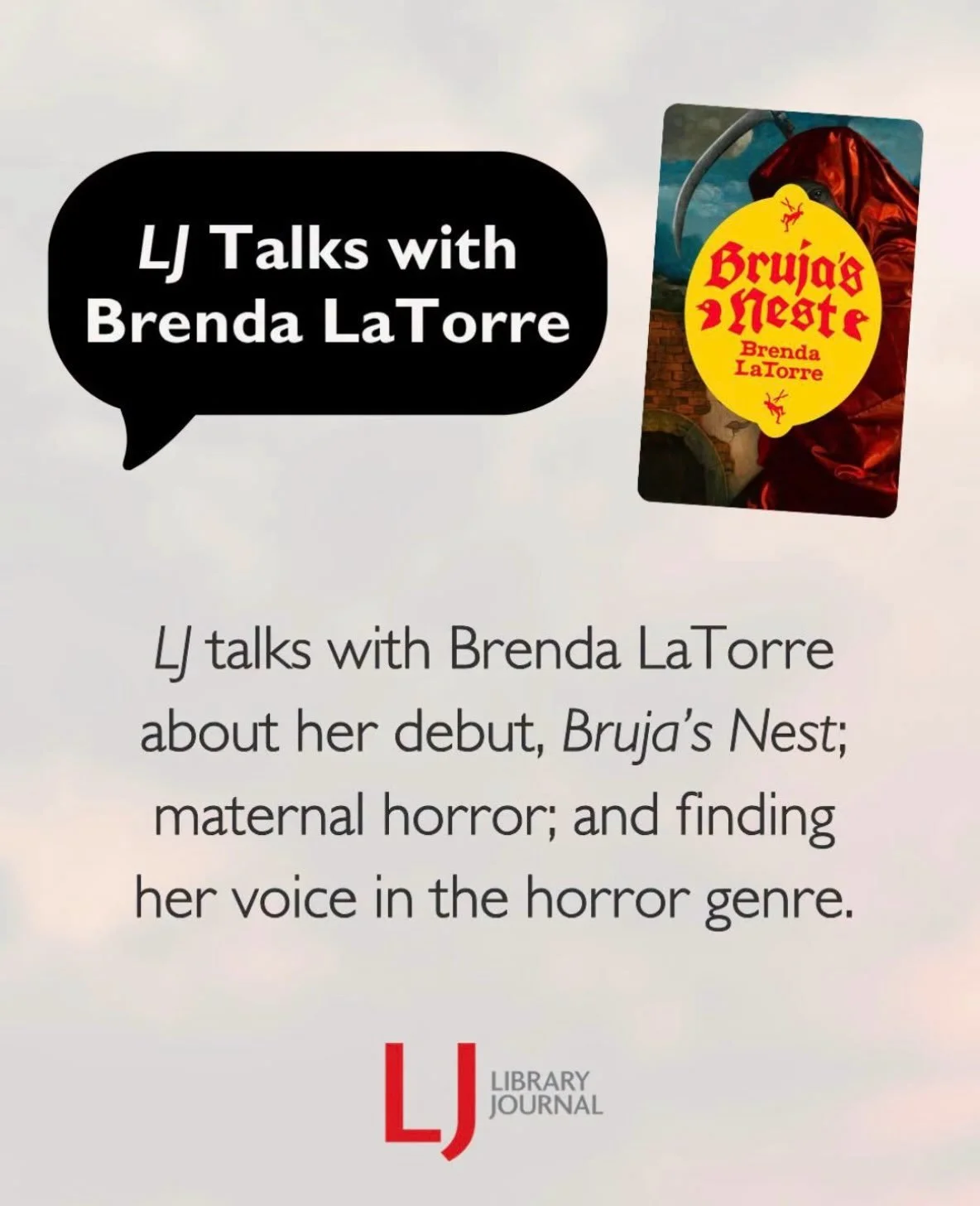 Thank you, Becky Spratford and @library_journal for the lovely interview!

In her debut novel, Brenda LaTorre explores monstrous motherhood, dark family secrets, and the blurred lines between horror and romance. Read our conversation here: https://hu