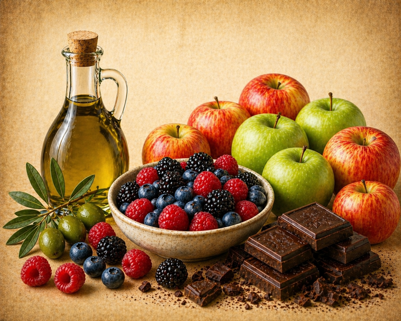 A jar of olive oil, a bowl of mixed berries, six apples, dark chocolate, and a sprig of green olives on a beige background.
