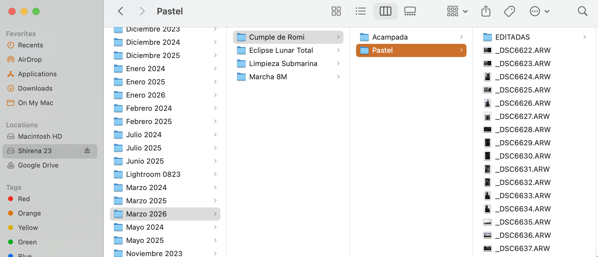 Screenshot depicting how to organize files for different underwater photoshoots