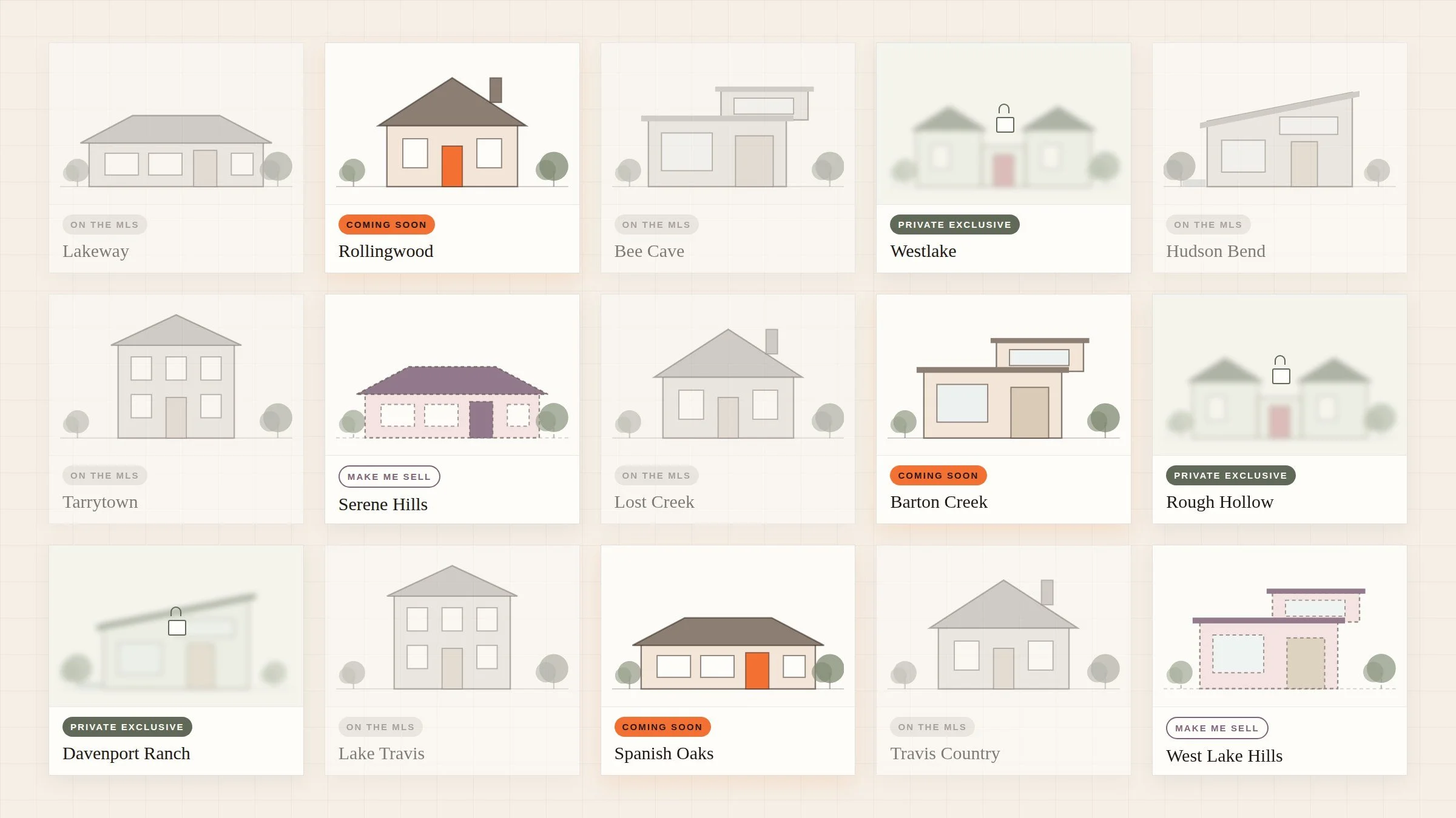 Illustrated board of homes on the west side of Austin: some Coming Soon, some Private Exclusive, some Make Me Sell, most only on the MLS