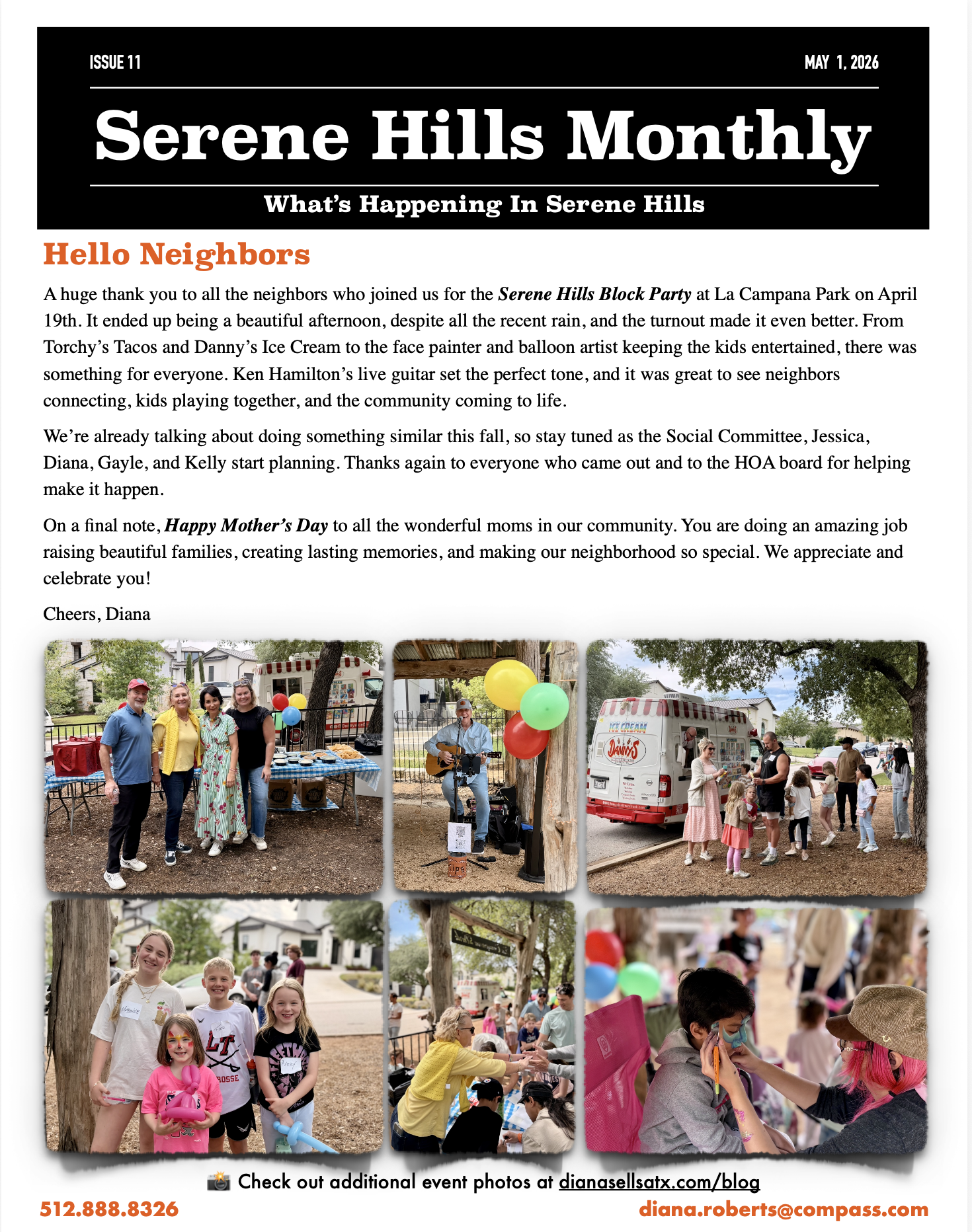 A community newsletter titled "Serene Hills Monthly" dated May 1, 2026, issue 11, featuring photos of a neighborhood block party with people, children, balloons, food, music, and community activities.
