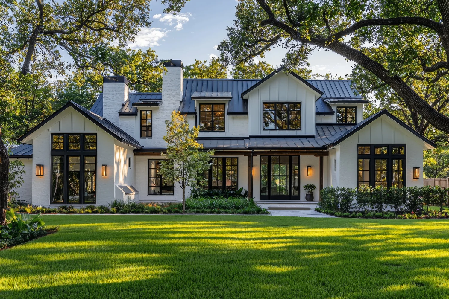 Modern white home surrounded by mature trees representing Westlake and Rollingwood Texas