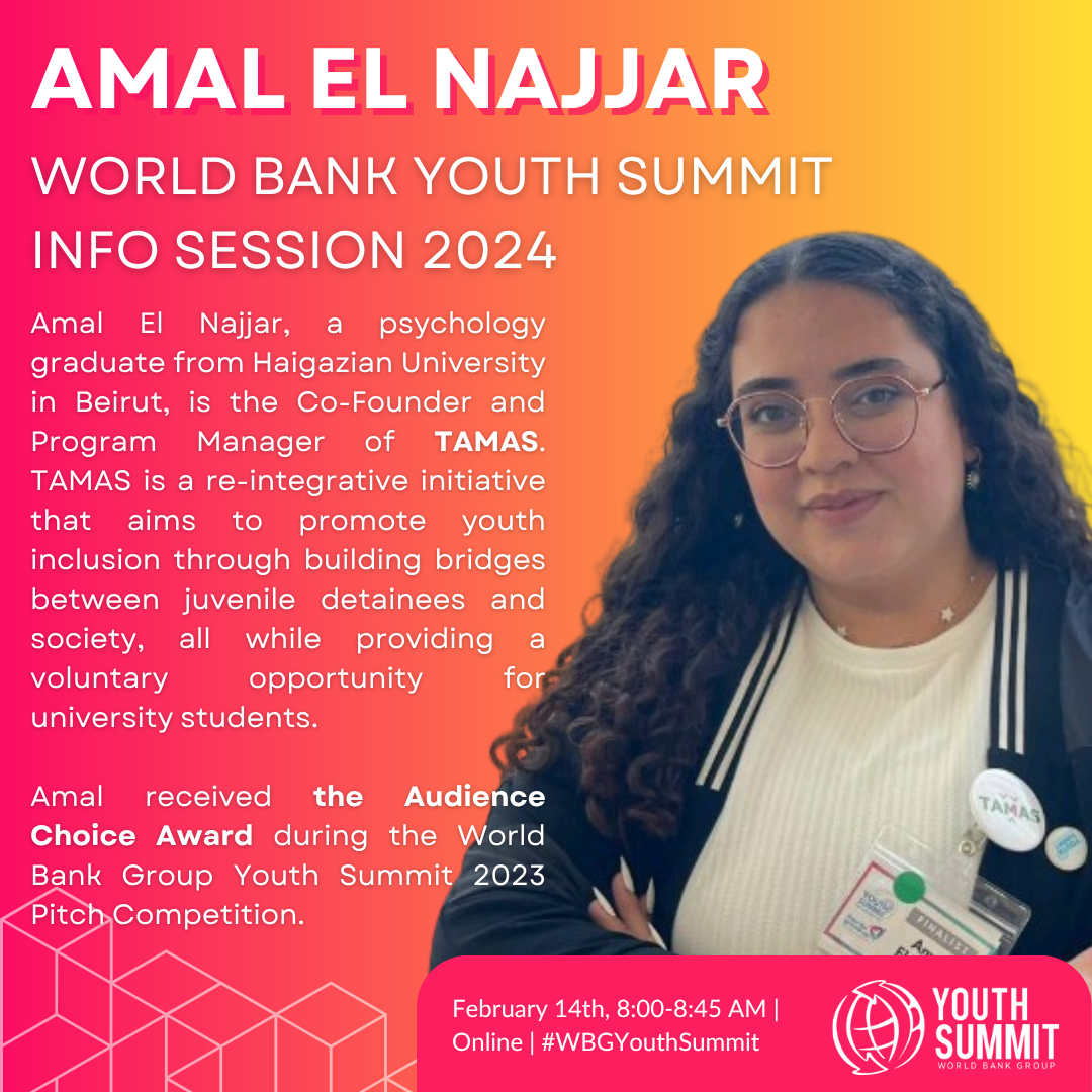 Poster for the World Bank Youth Summit Info Session 2024 featuring Amal El Najjar, a psychology graduate from Haigazian University in Beirut. The poster includes her photo, event date February 14th from 8:00 to 8:45 AM, online, with the hashtag #WBYouthSummit, and the World Bank Youth Summit logo.