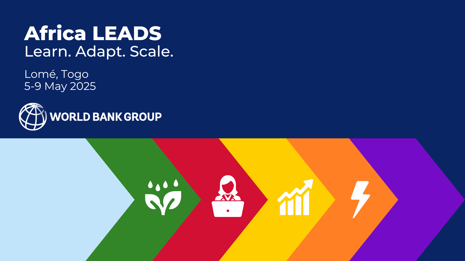 Colorful infographic with icons representing farming, woman with a laptop, upward trend graph, and lightning bolt, associated with Africa Leads conference in Lomé, Togo, May 2025, sponsored by the World Bank Group.