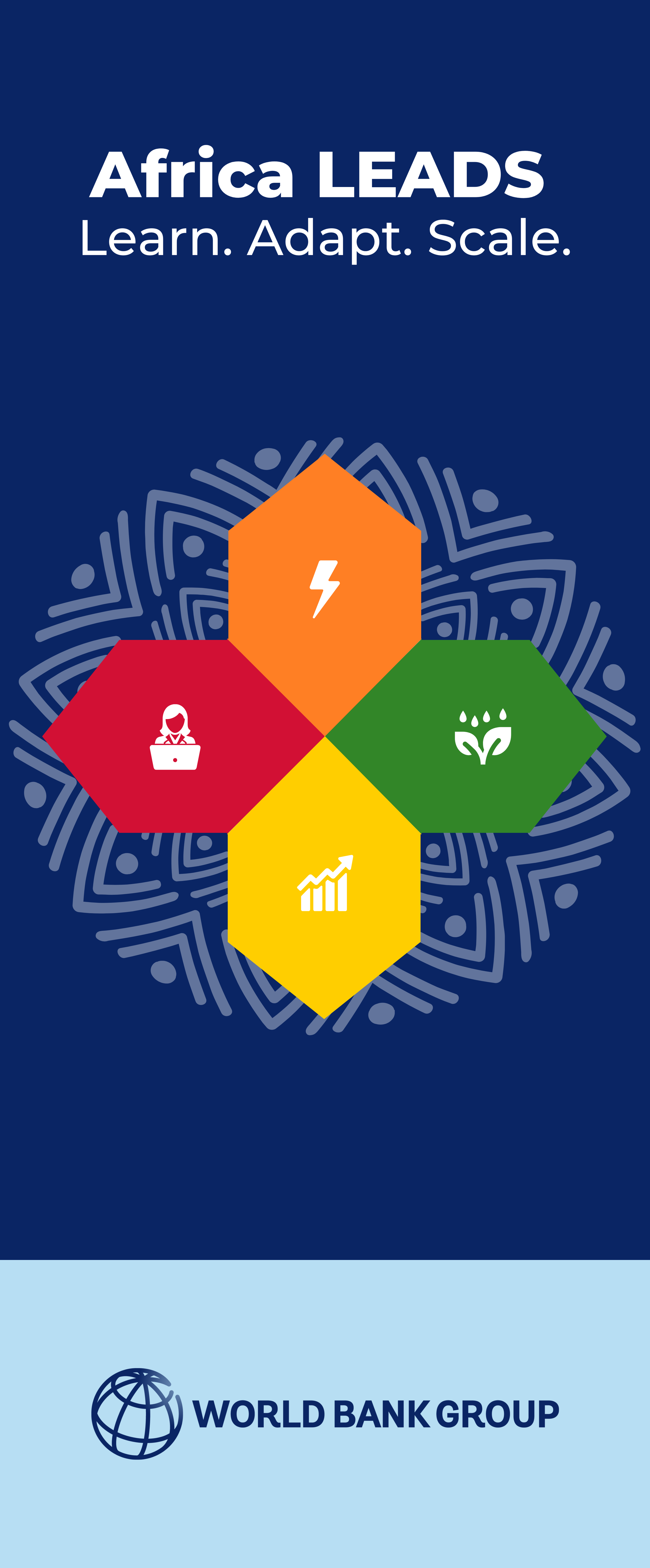 Brochure cover for Africa LEADS with colorful hexagons displaying icons of a lightning bolt, a person with a laptop, a plant, and a growth chart, text reading "Africa LEADS Learn. Adapt. Scale." and the World Bank Group logo at the bottom.