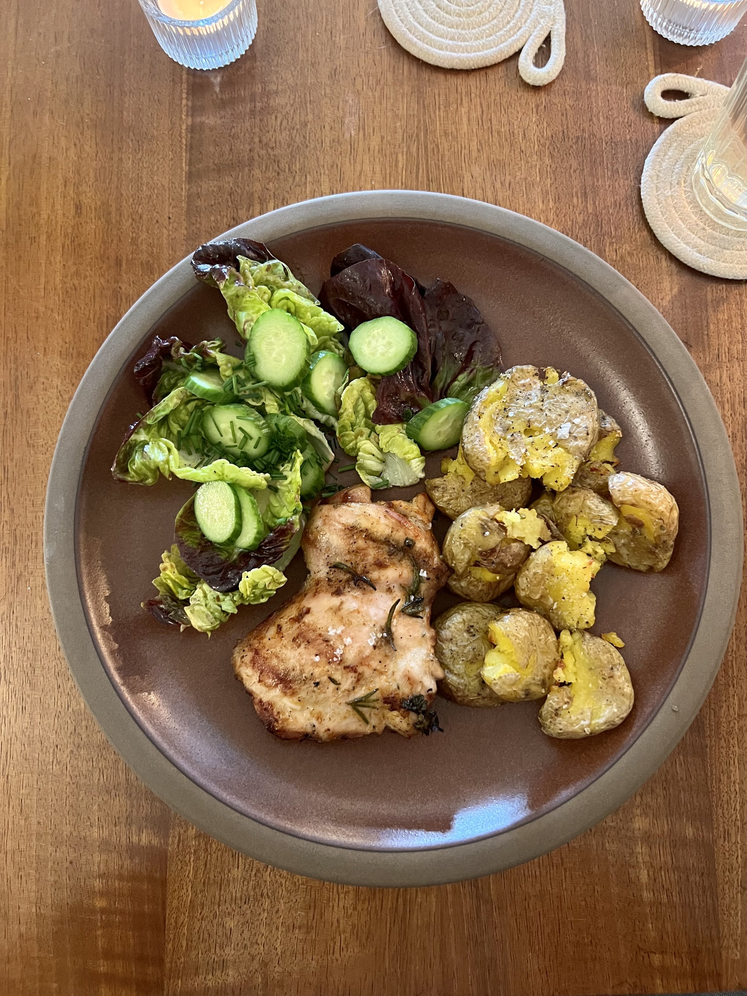 Rosemary Grilled Chicken, Smashed Yukon Gold Potatoes, Little Gem Salad with Persian Cucumbers, Chives & Champagne Vinaigrette