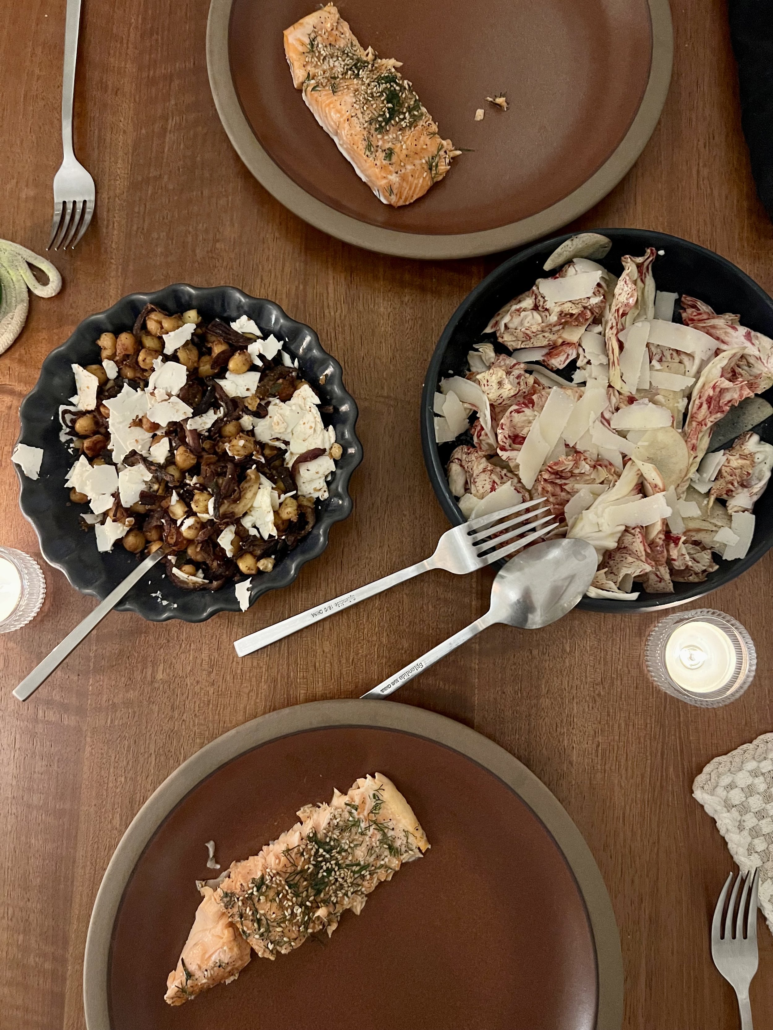 Sesame-Dill Salmon, Frizzled Chickpeas with Feta, Radicchio Salad with Shaved Apples & Pecorino