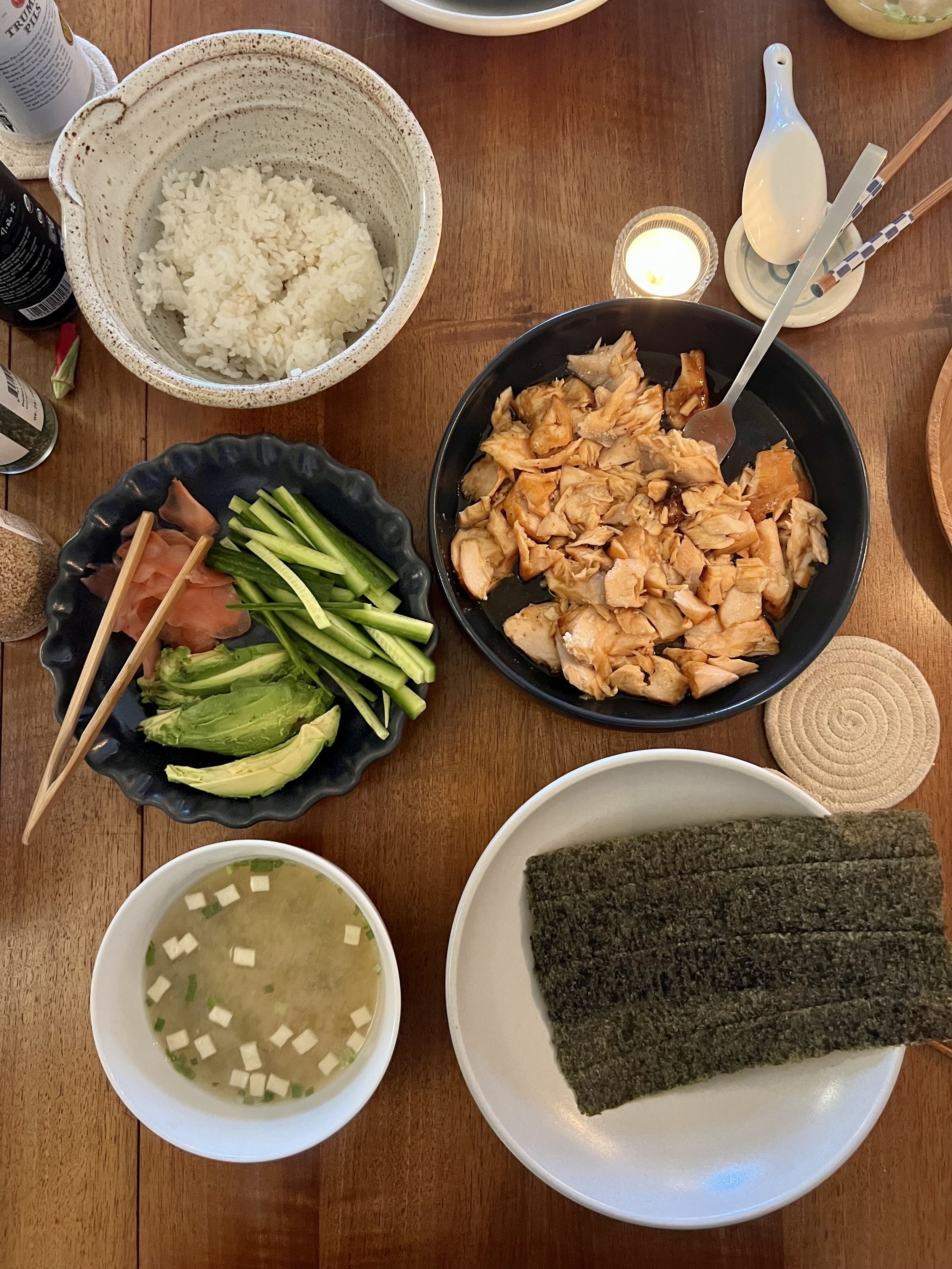 DIY Handrolls - Teriyaki Salmon, Sushi Rice, Avocado, Persian Cucumber, Pickled Ginger, Nori & Miso Soup