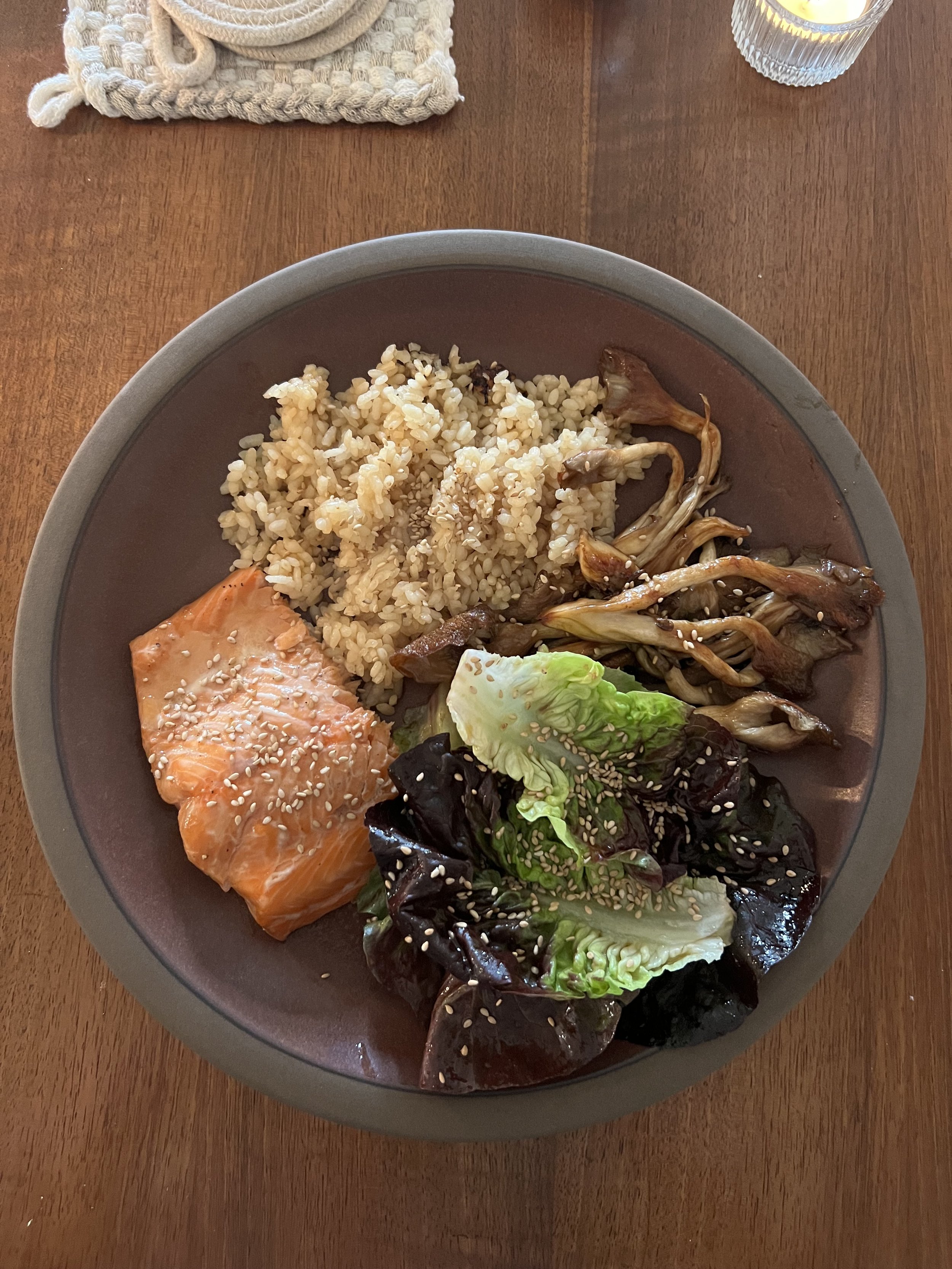 Miso Salmon, Tamari Oyster Mushrooms, Little Gems, Sesame Dressing & Dashi-Ginger Sushi Rice