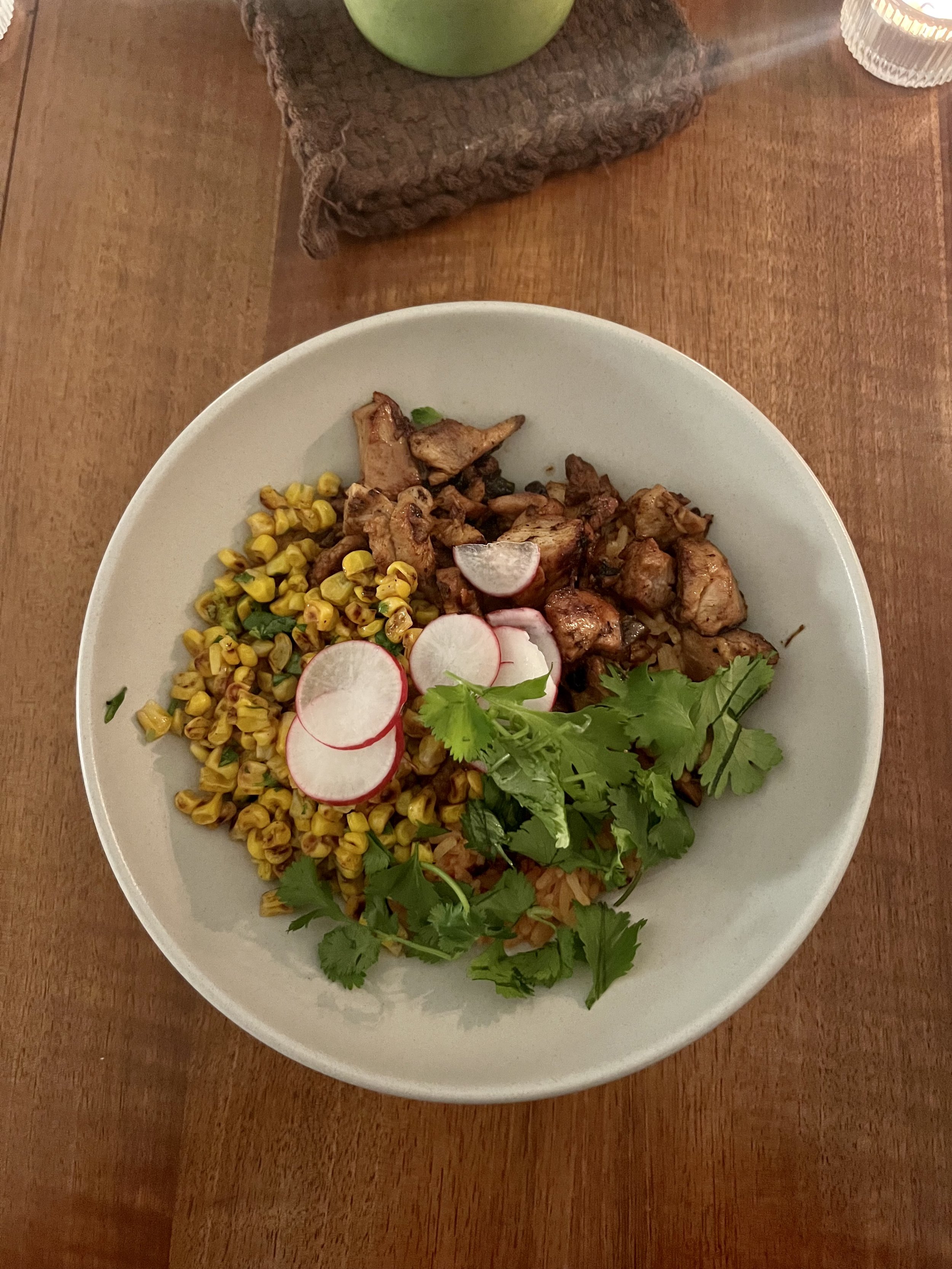 Red Spanish Rice, Charred Corn Salad, Chile-Lime Chicken, Radish, Cilantro