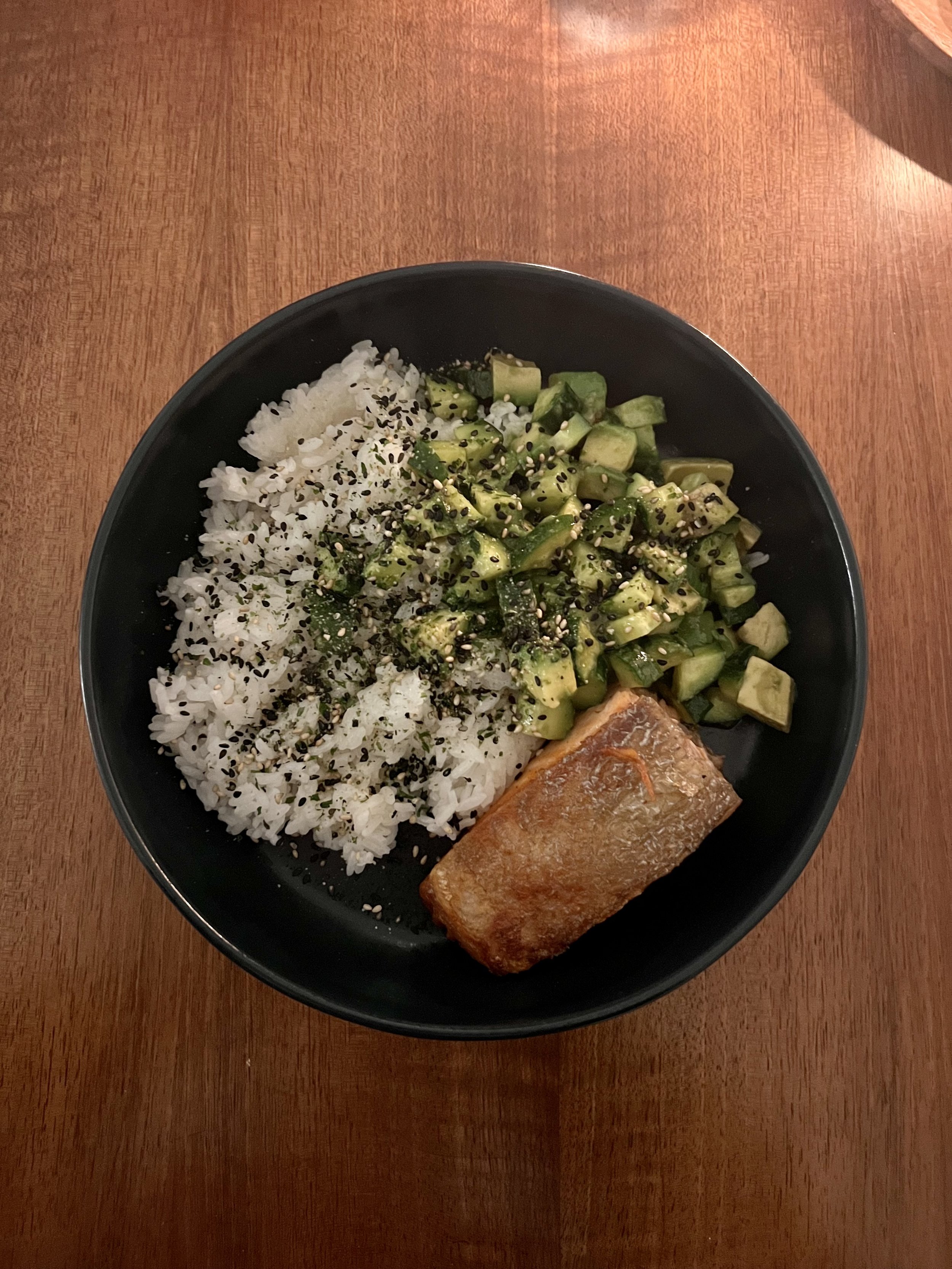 Crispy Skin Salmon, Cucumber & Avocado Salad, Sushi Rice, Furikake