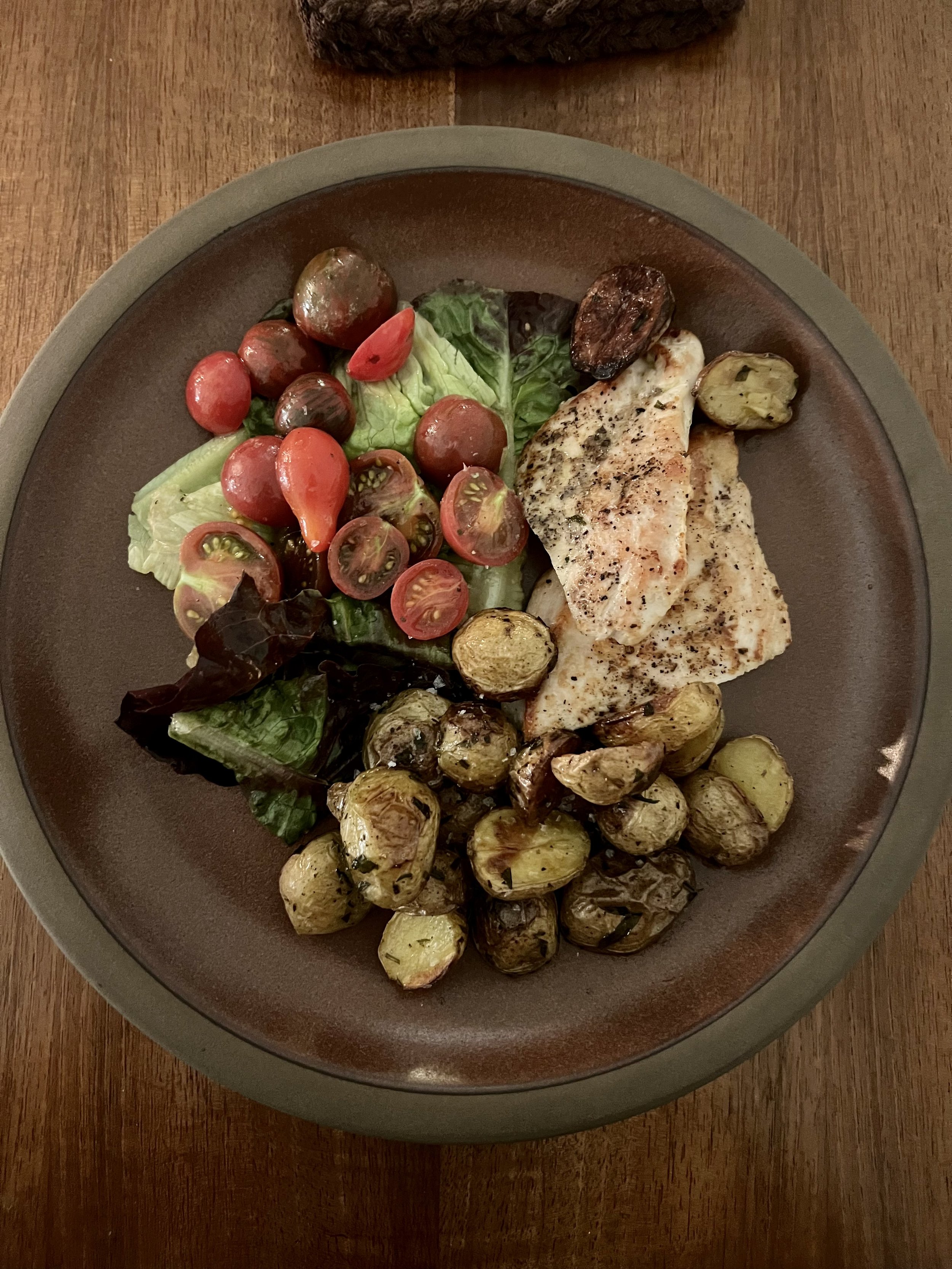 Herby Chicken Breast, Roasted Baby Potatoes, Butter Lettuce & Cherry Tomato Salad with Champagne Vinaigrette