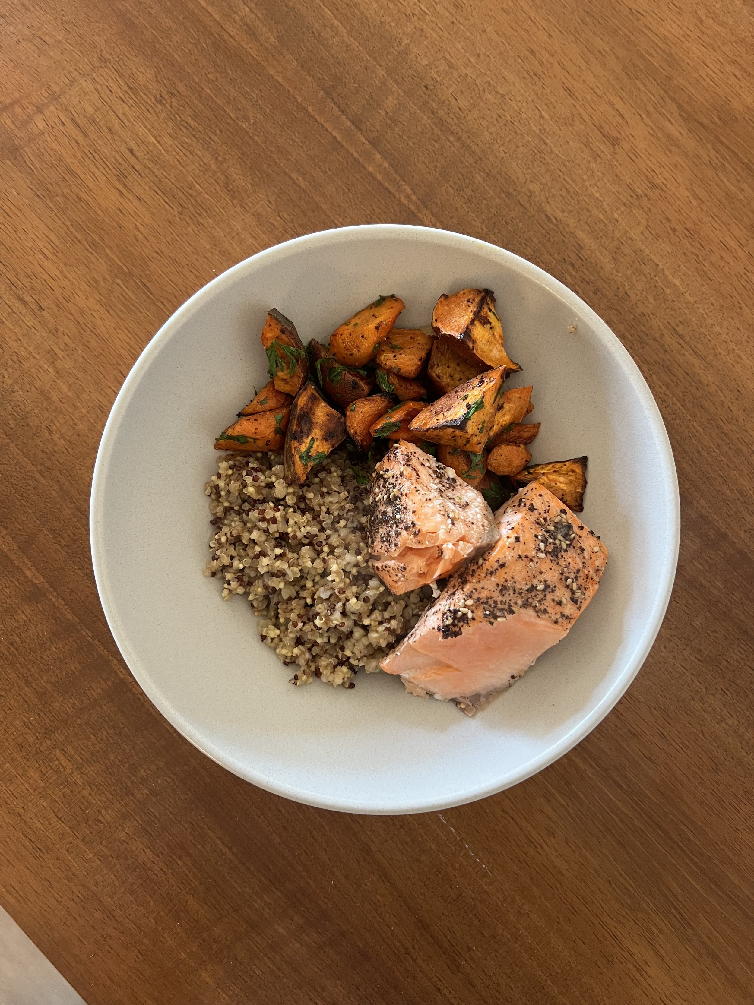 Za'atar Salmon, Roasted Carrots Tossed in Carrot Top Greens & Quinoa Cooked in Bone Broth