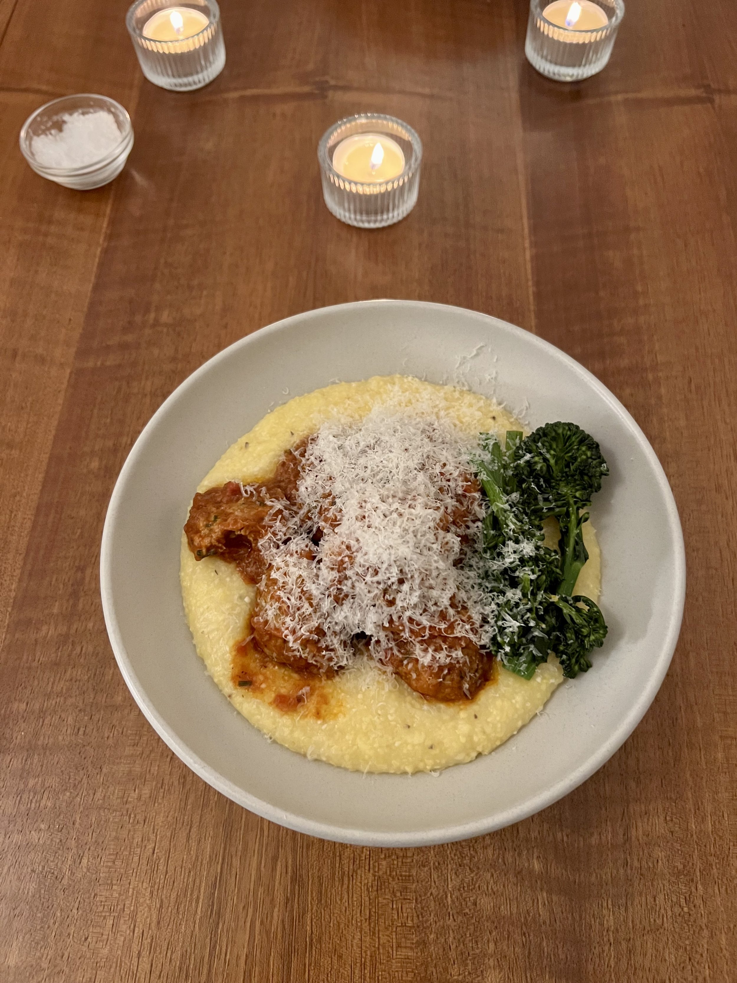 Chive & Parmesan Turkey Meatballs in Tomato Sauce over Polenta, Sautéed Broccolini