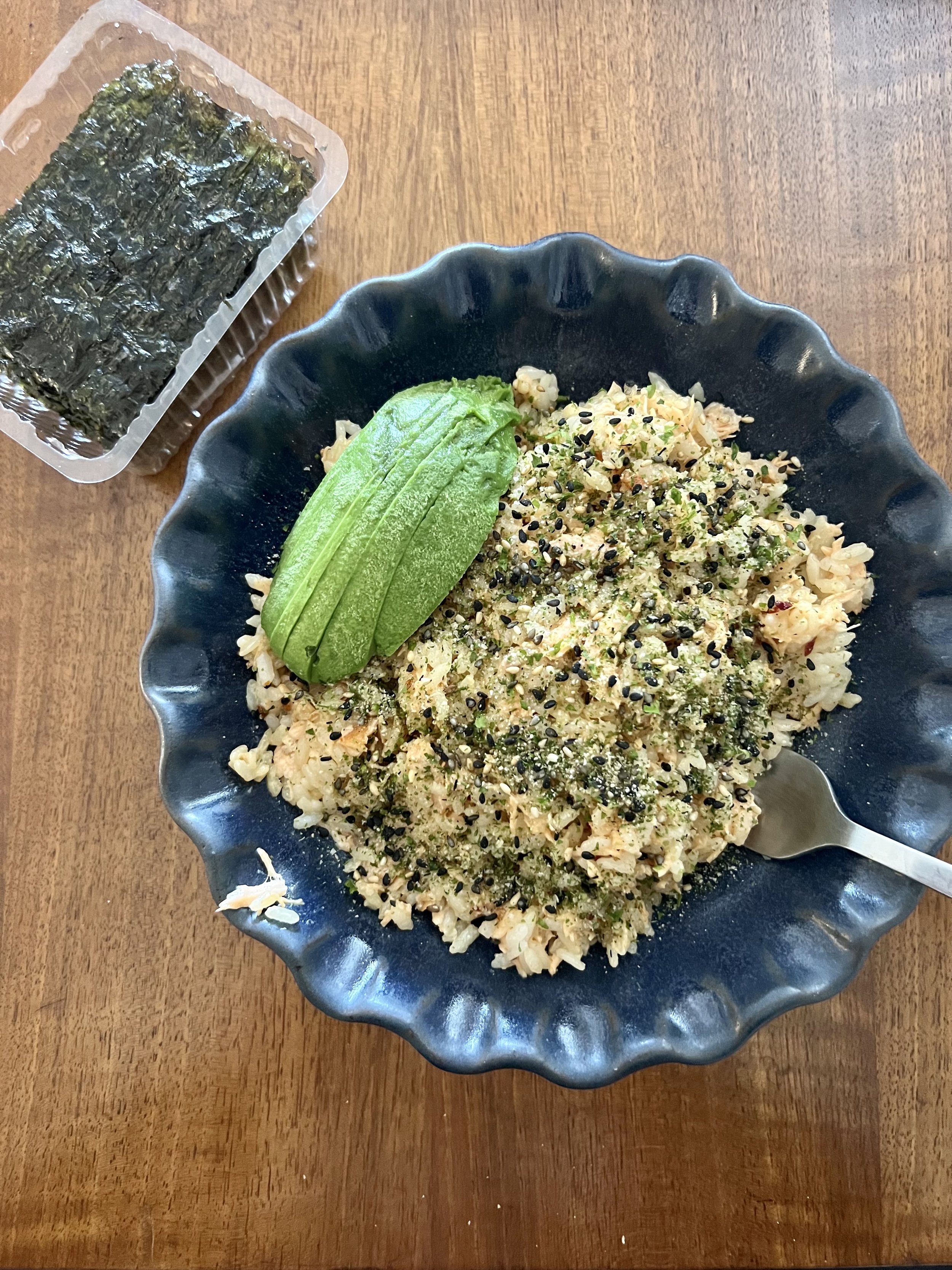 Salmon Sushi Rice Bowl with Spicy Mayo, Furikake, Avocado & Roasted Nori Seaweed