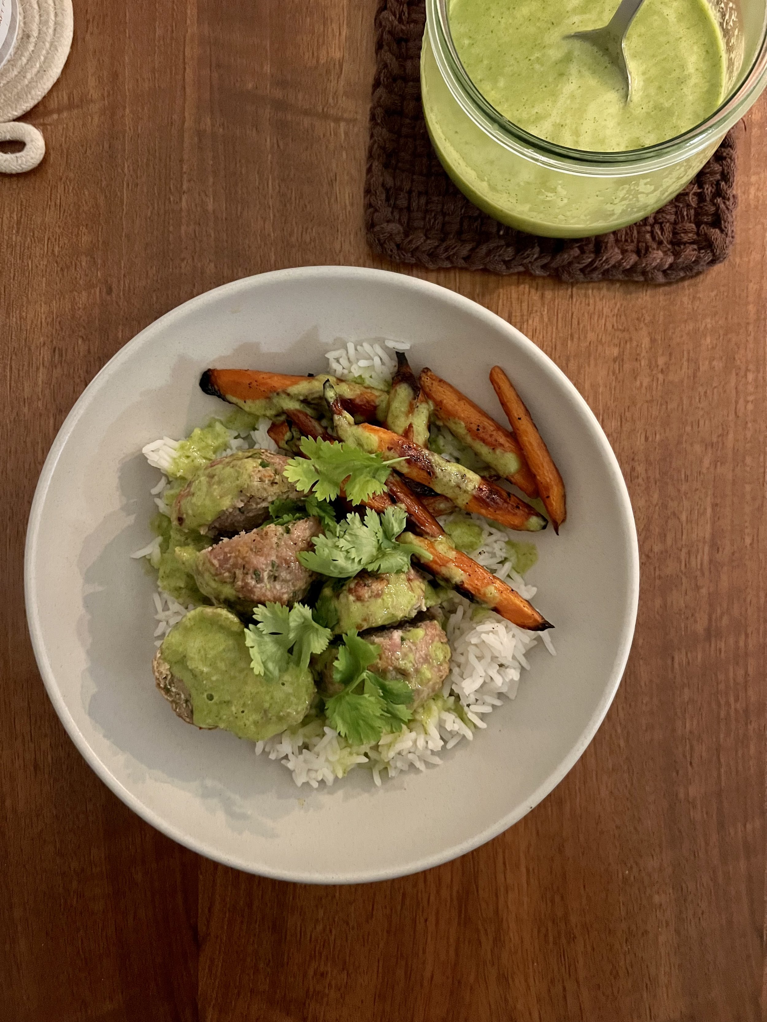Turkey Meatballs, Cuban Mojo Sauce, Roasted Carrots & Jasmine Rice