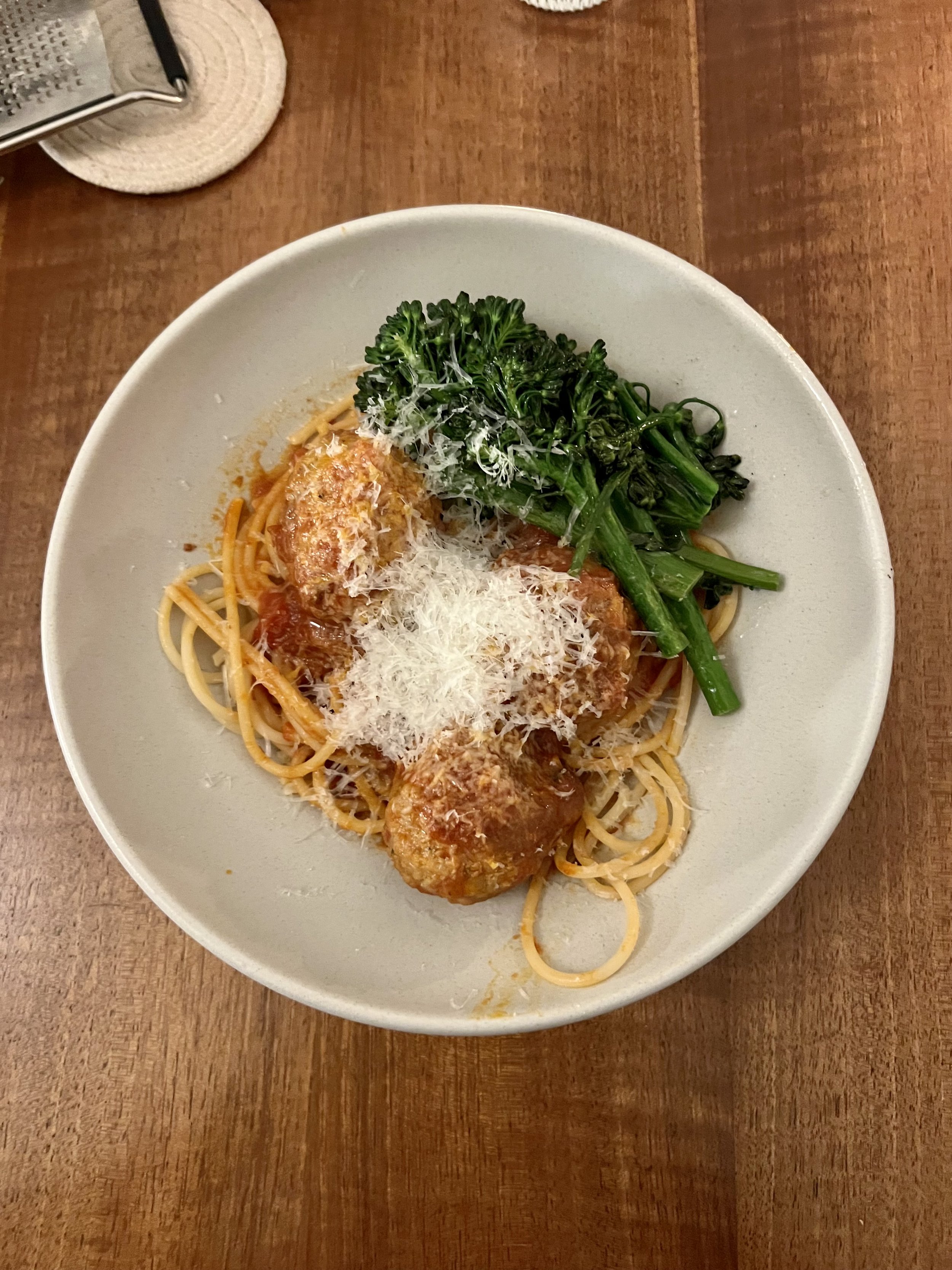 Chive & Parmesan Turkey Meatballs in Tomato Sauce over Spaghetti, Sautéed Broccolini