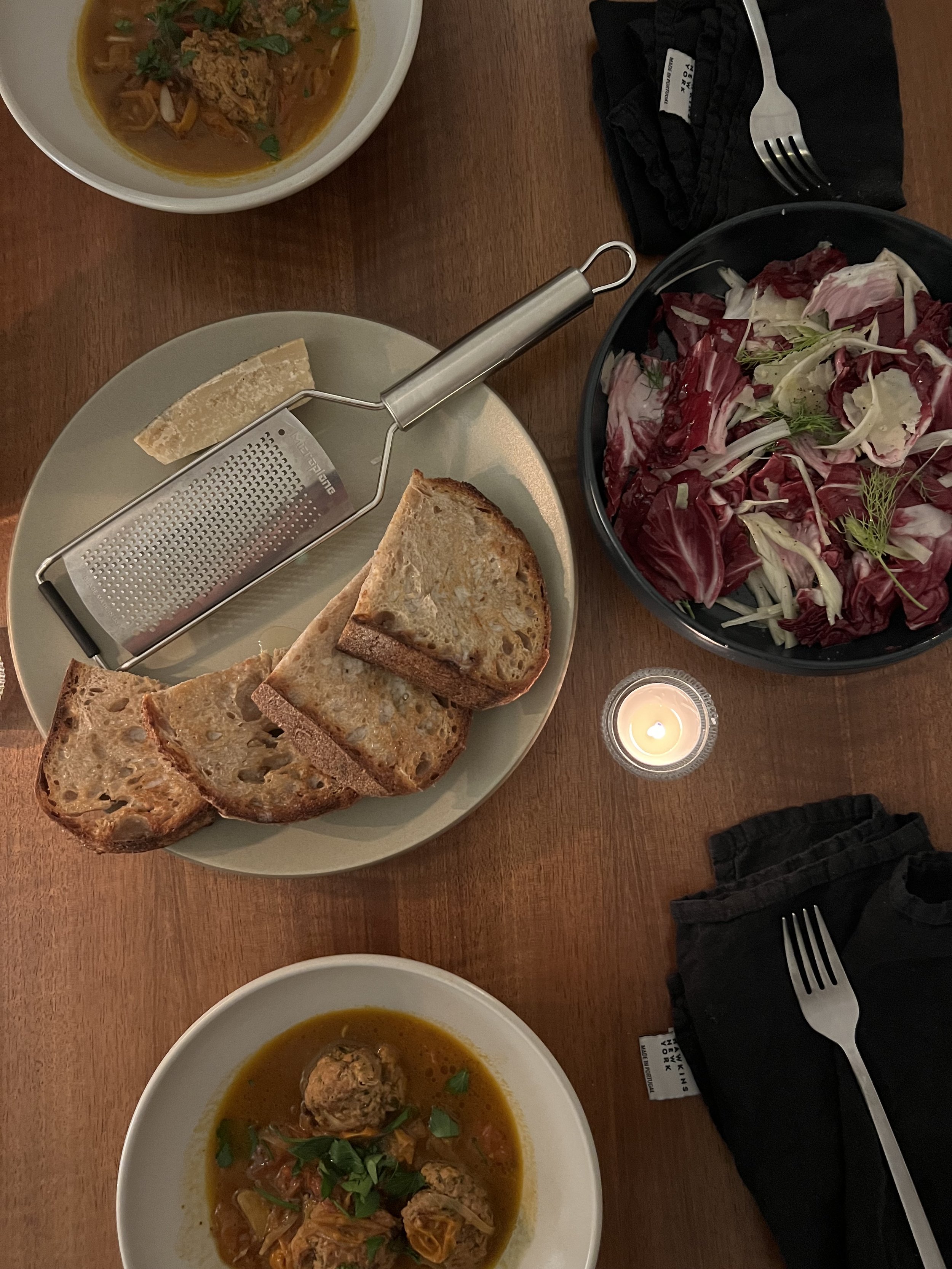 Spicy Turkey Meatballs in Brothy Tomatoes, Toasted Sourdough, Radicchio & Shaved Fennel Salad