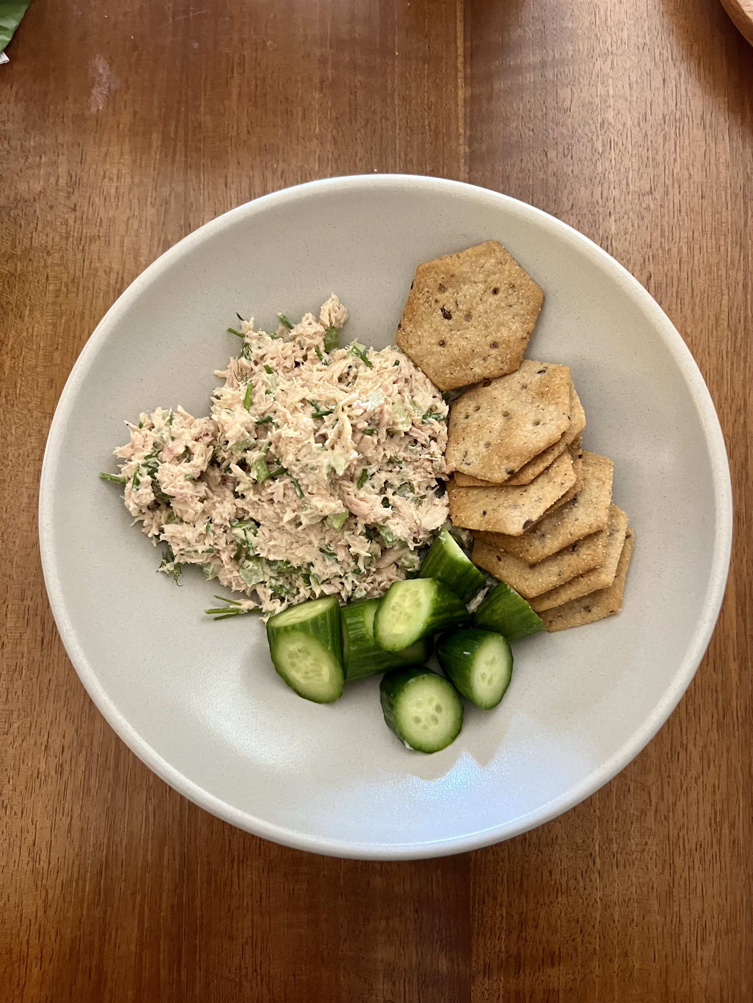 Tuna Salad with Celery & Dill, Persian Cucumbers, Gluten Free Crackers