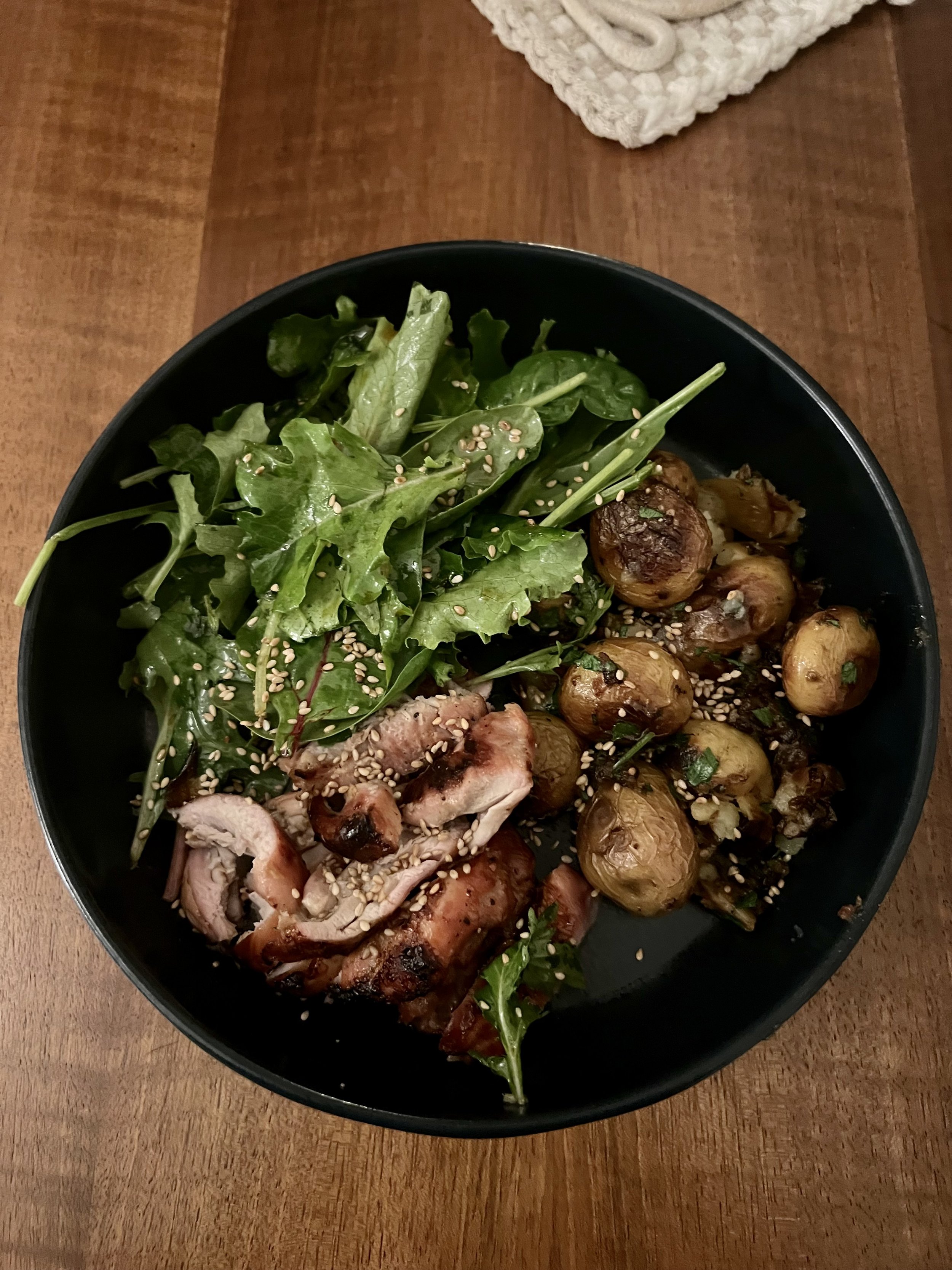 Coconut Aminos & Ginger Chicken, Miso Butter Potatoes, Mixed Greens, Sesame Dressing