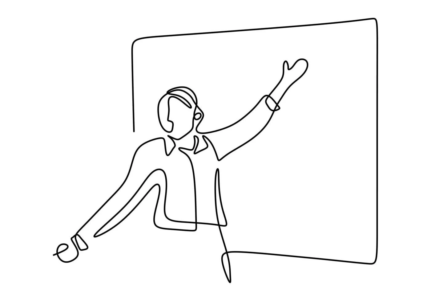 One-line drawing of a person pointing at a board