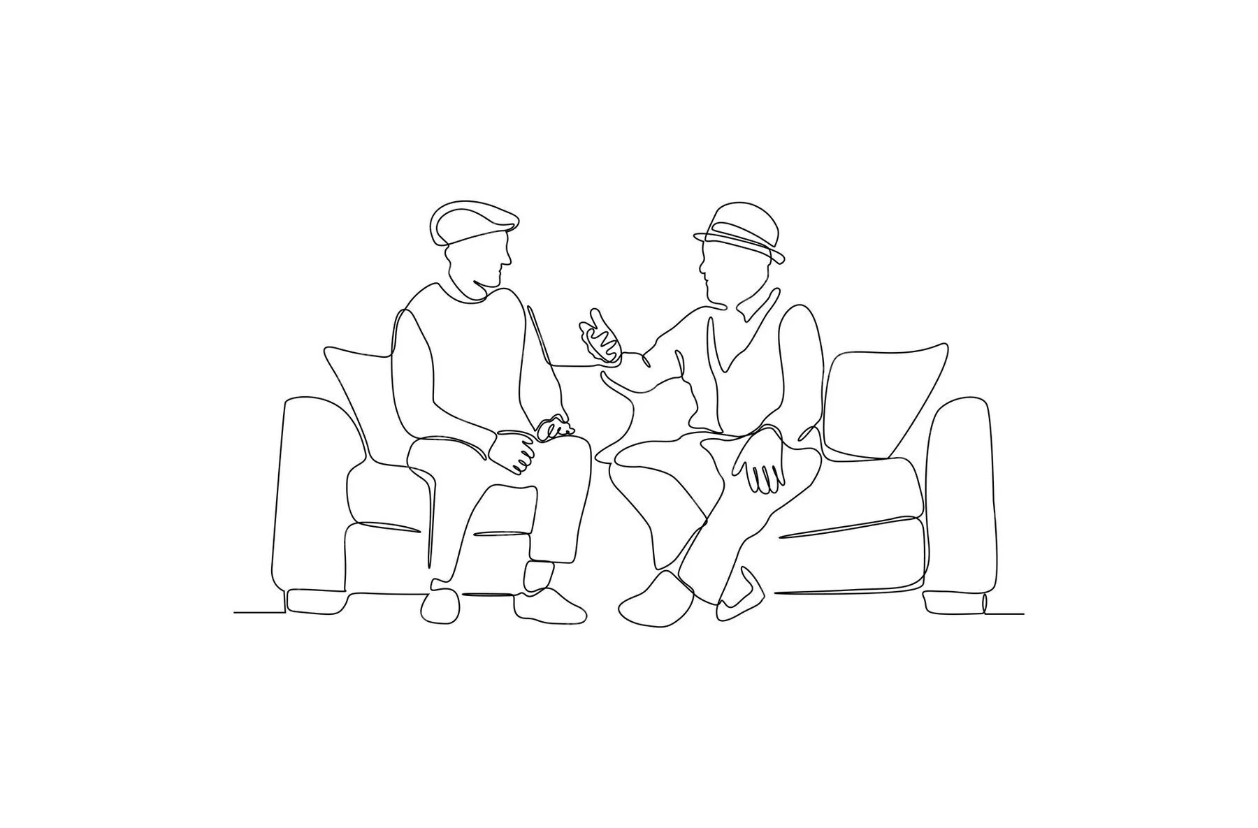 Continuous line drawing of two people sitting on a couch engaged in conversation, wearing casual clothing and hats.