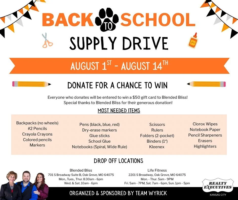 It&rsquo;s that time of year again! 🍎✏️ I&rsquo;m helping collecting school supplies with Team Wyrick - Realty Executives of Kansas City to support Oak Grove students as they head back to class.

Now through August 14, you can drop off donations at: