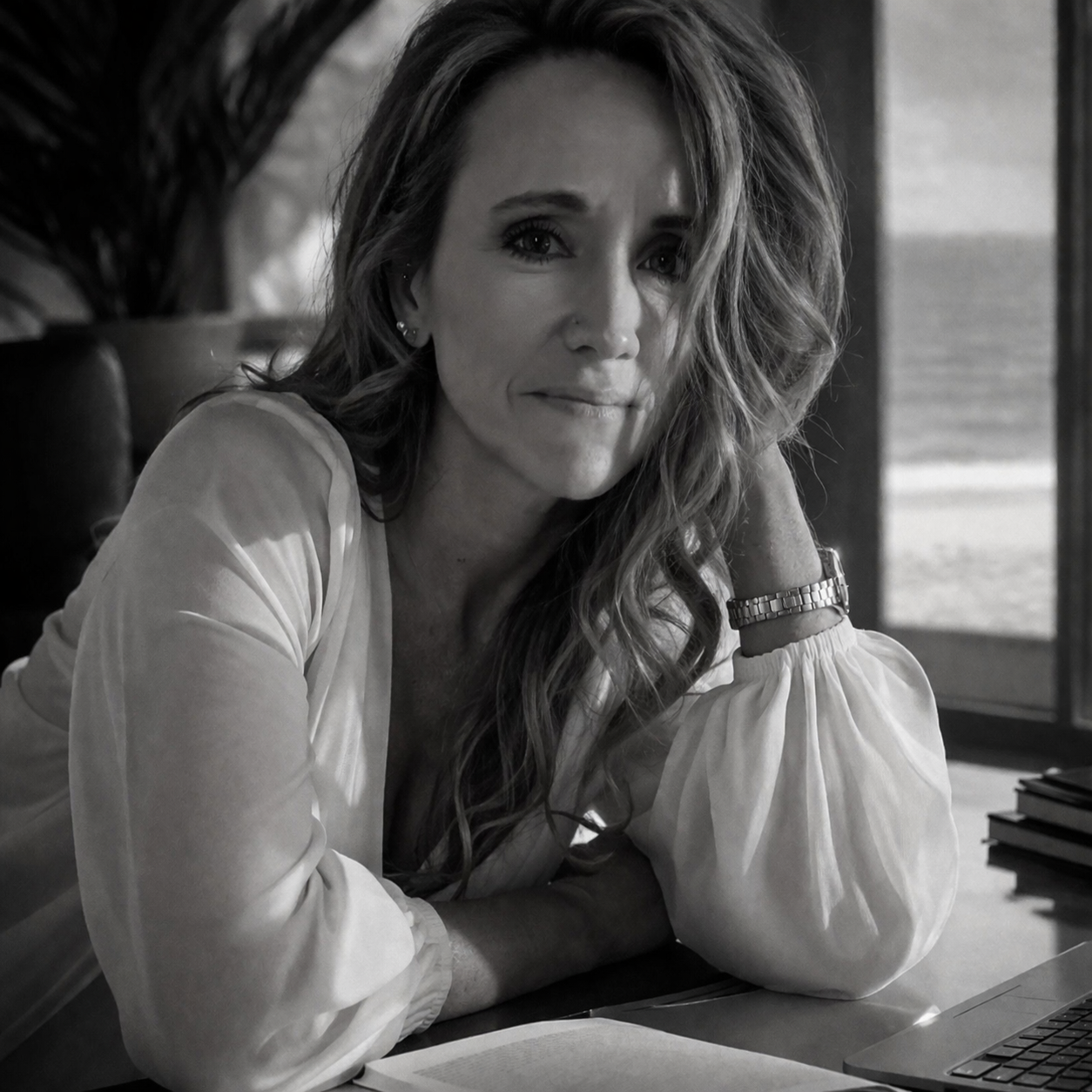 A woman with wavy hair sitting at a desk with an open book and laptop, resting her head on her hand, looking at the camera.