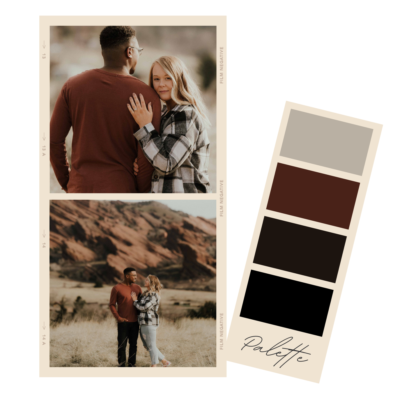 Collage of two photos featuring a couple embracing outdoors with a natural backdrop, along with a color palette on the side. The woman wears a checkered jacket and jeans, and the man wears a maroon shirt. The setting includes rocky terrain and grassy