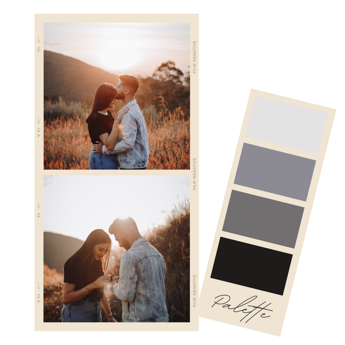 A couple is in a field at sunset; they embrace and look at a small box. Adjacent is a color palette with gray and black shades.