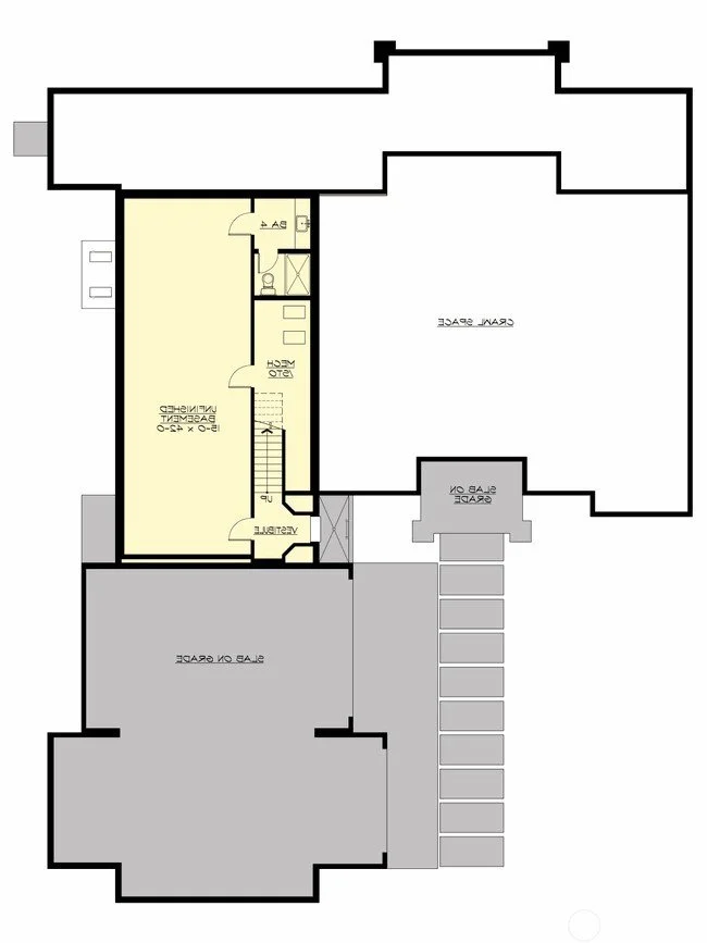 Floor plan of a house showing a garage, entrance stairs, a hallway, a bathroom, a stairwell, and an unfinished basement.